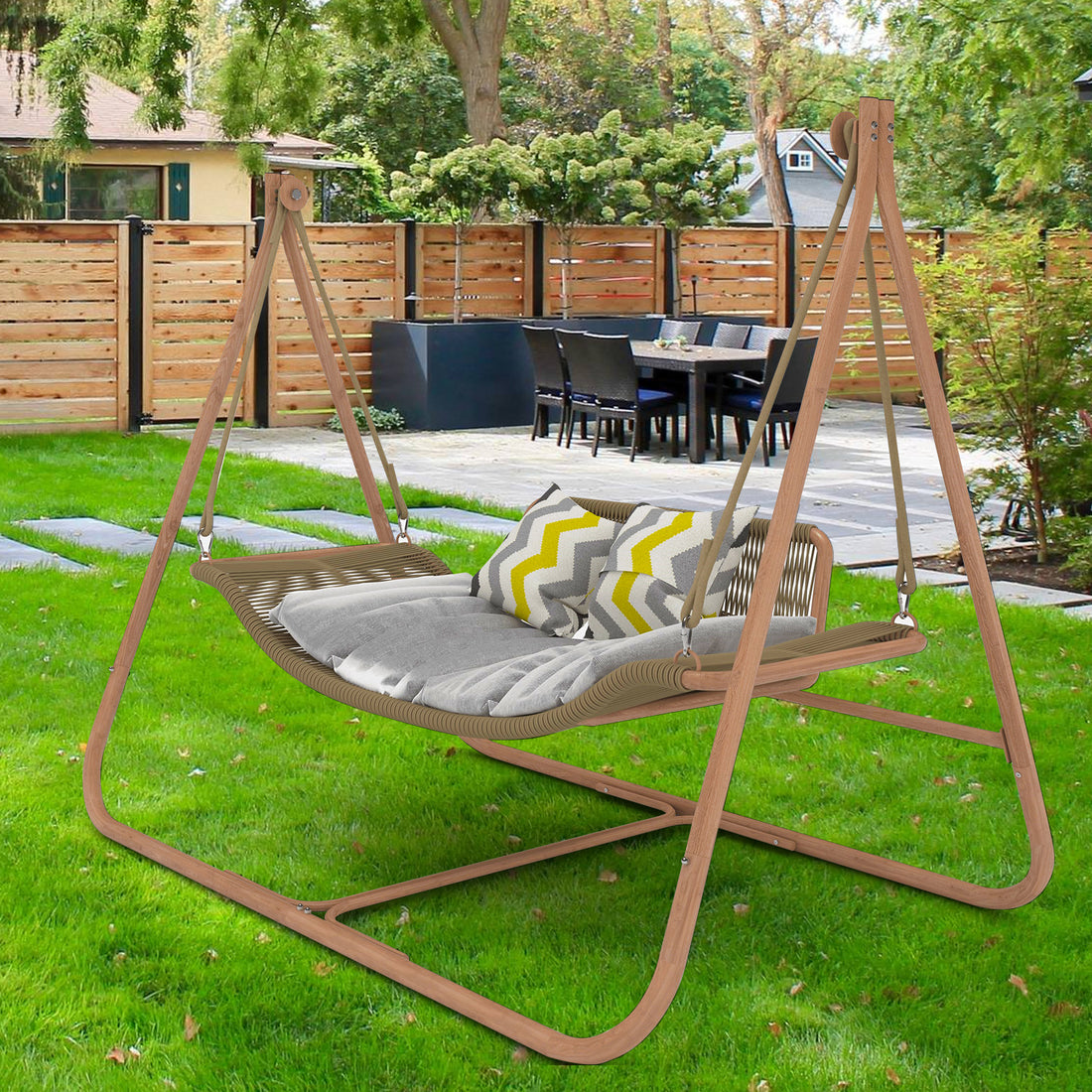 Hammock Swing Chair With Stand For Indoor,Outdoor, Anti Rust Wood Colored Frame 570 Lbs Capacity With Cushion Oversized Double Hammock Chair For Patio Balcony Bedroom Ban On Old W1132P155978 Gold Brown Rattan Metal