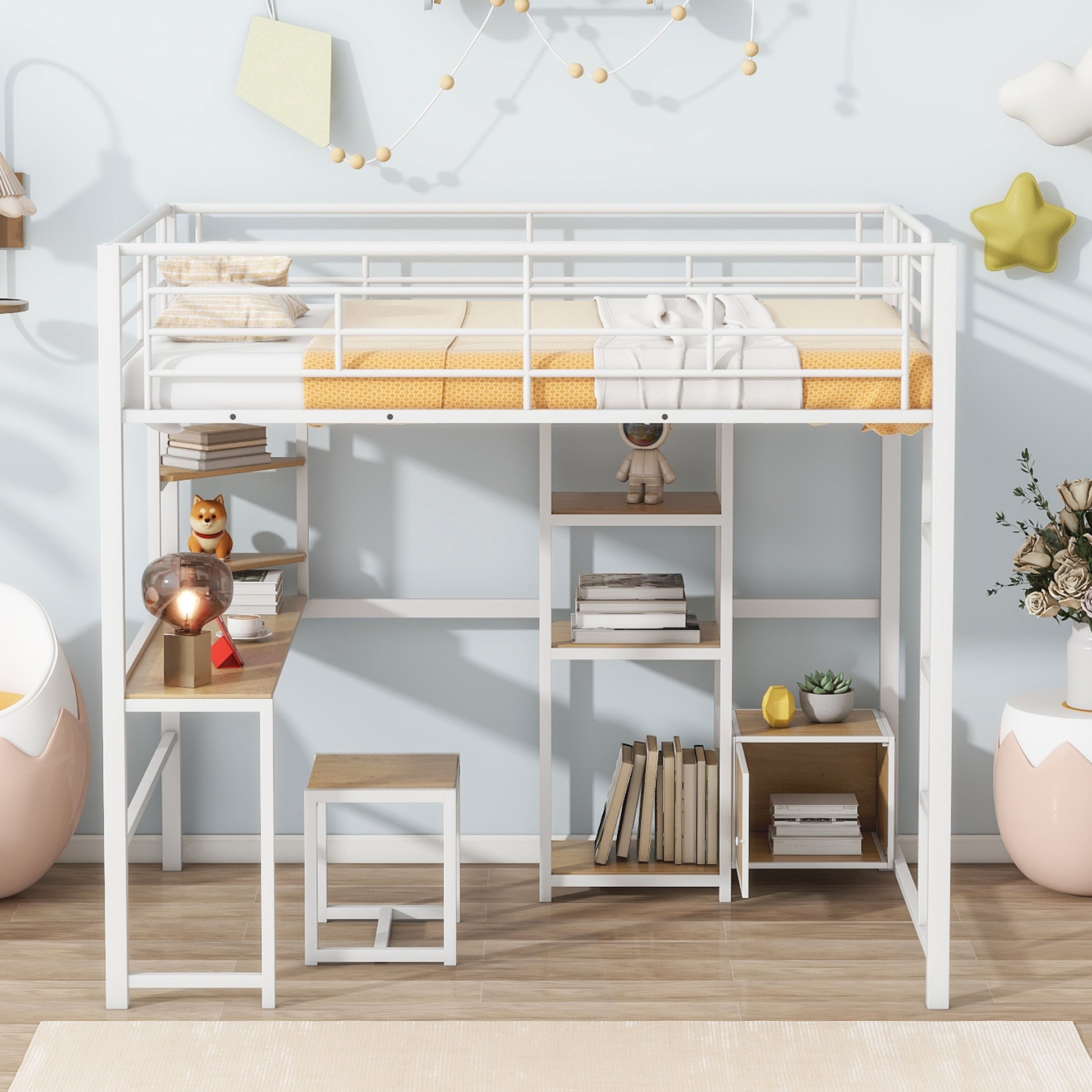 Full Size Loft Bed With Desk And Stool, Metal Loft Bed With Open Style Wardrobe, Shelves And Cabinet, White Full White Metal & Wood