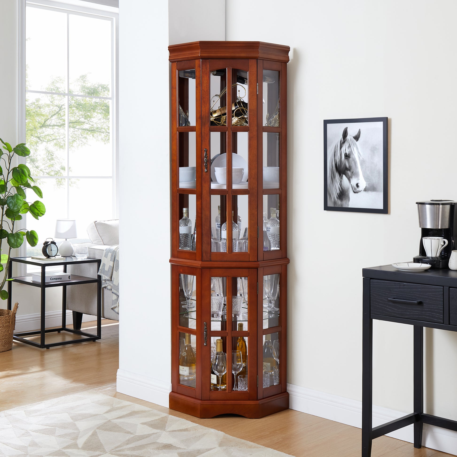 Corner Curio Cabinet With 5 Shelves And Lighting System, Walnut E26 Light Bulb Not Included Walnut Mdf