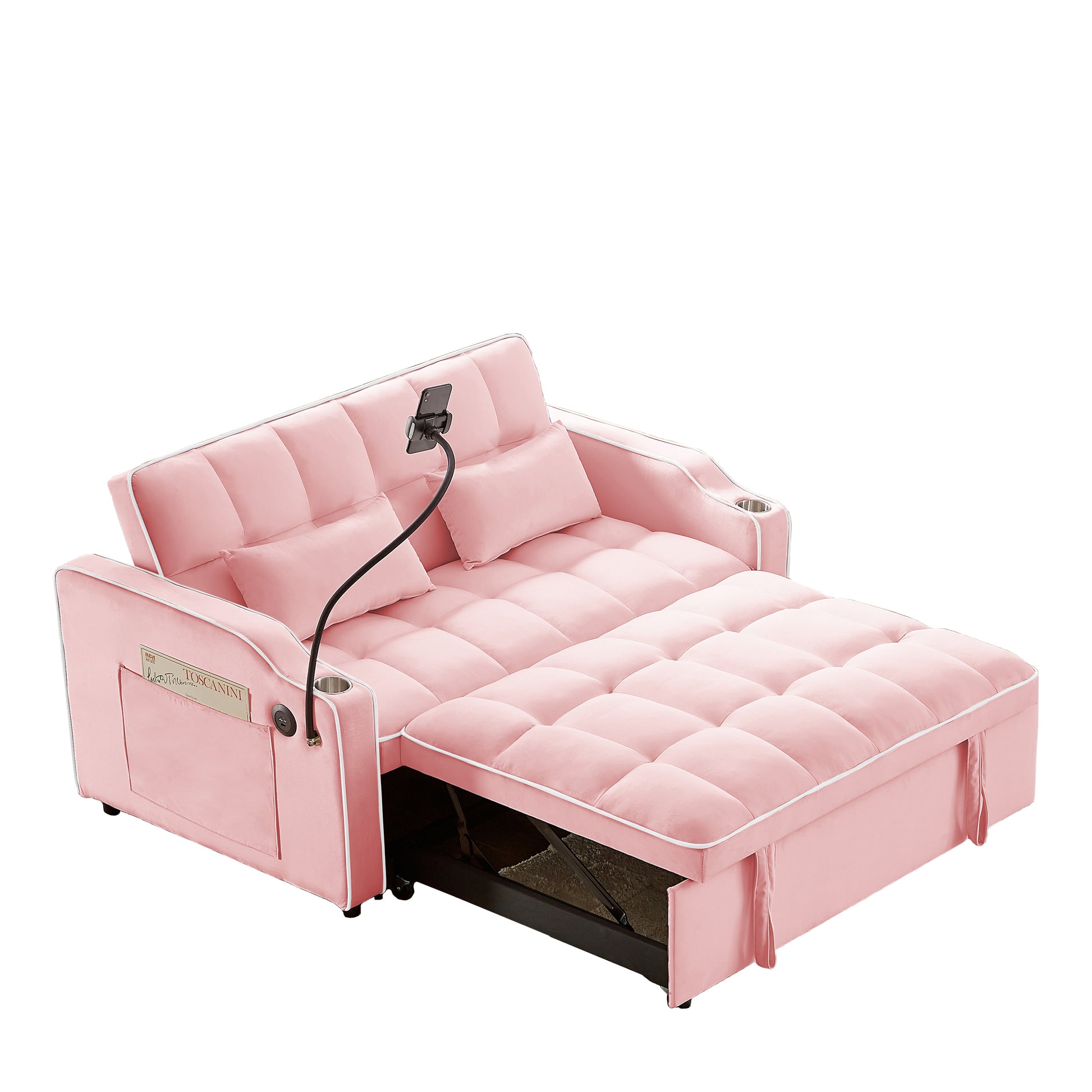 1 Versatile Foldable Sofa Bed In 3 Lengths, Modern Sofa Sofa Sofa Velvet Pull Out Bed, Adjustable Back And With Usb Port And Ashtray And Swivel Phone Stand Pink Pink Solid Wood Mdf Resin 2 Seat