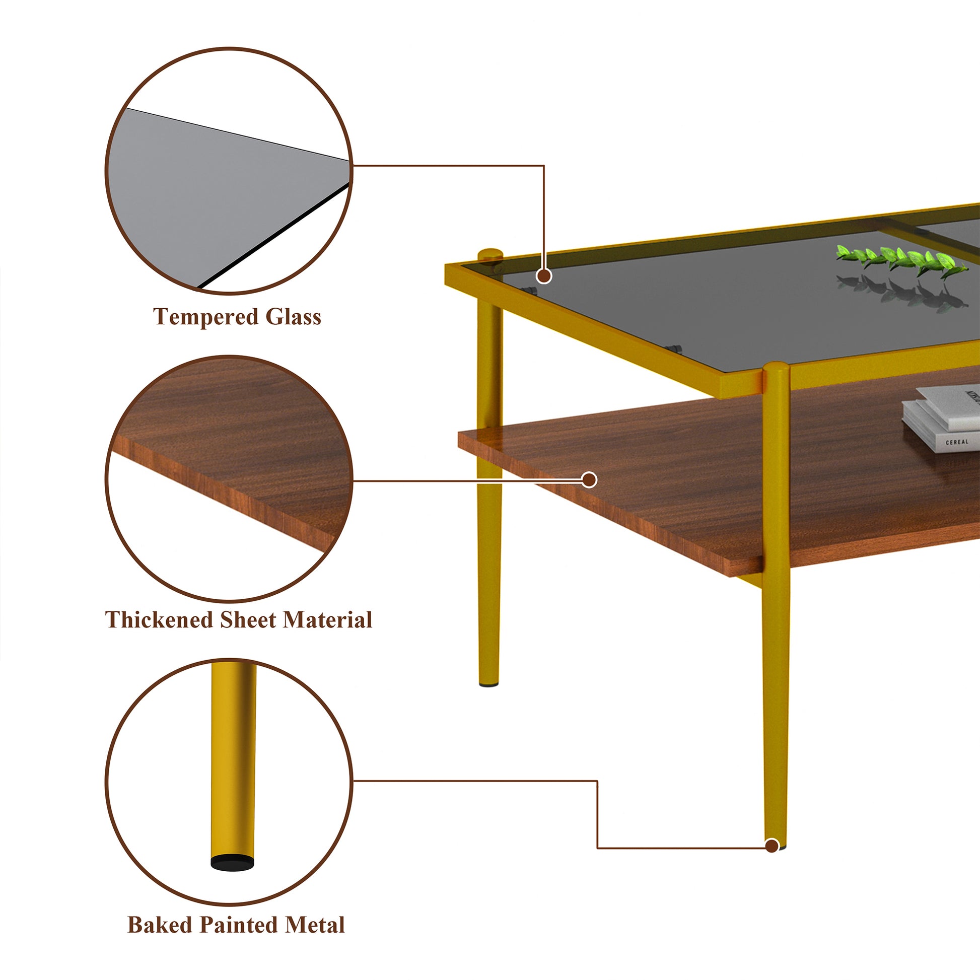 Rectangle Coffee Table With Gray Tempered Glass Top And Golden Legs, Modern Table For Living Room Gray Tempered Glass