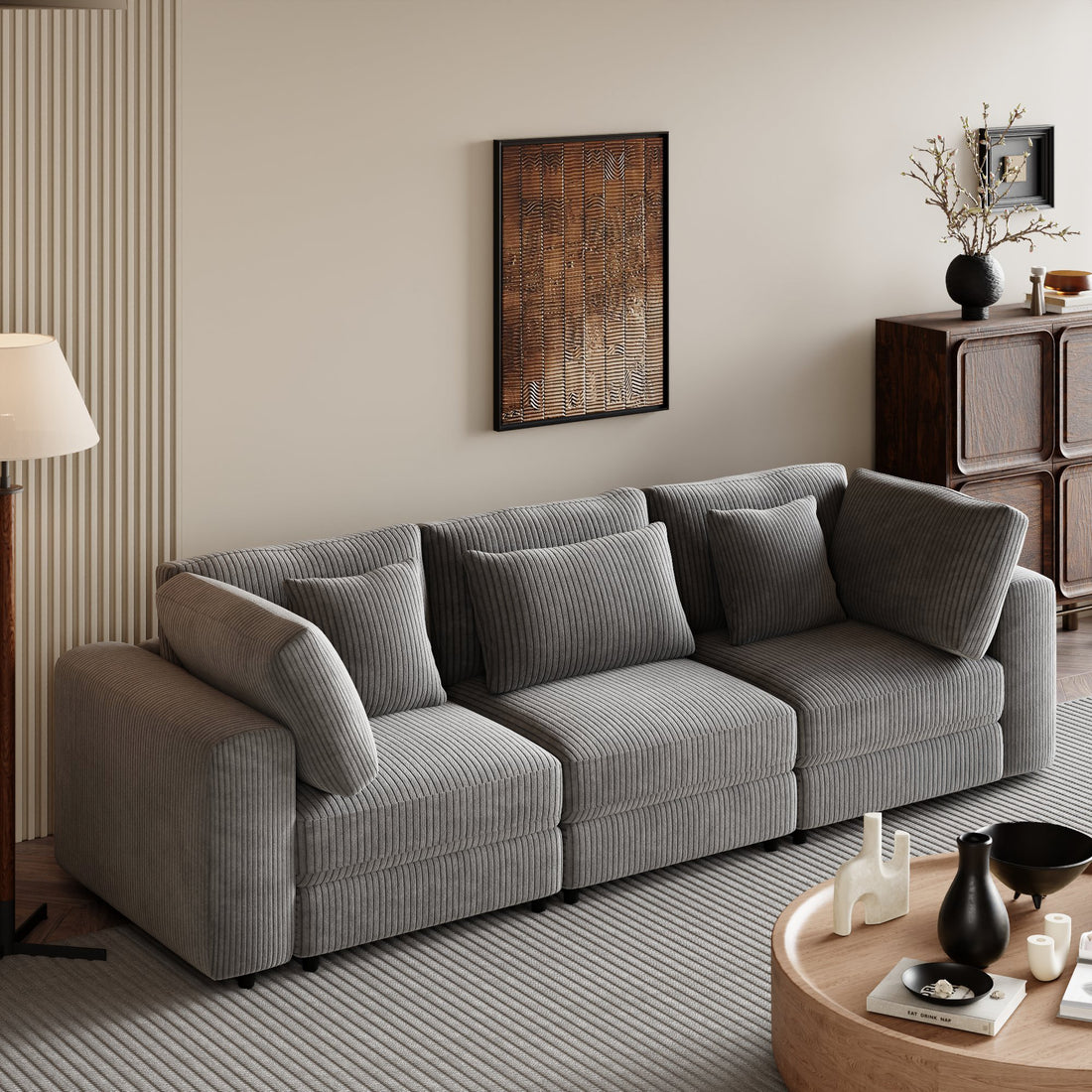105'' 3 Seater Sofa With Removable Back Cushions And 5 Pillowsfor Living Room, Apartment, Spacious Space Gray Polyester 3 Seat