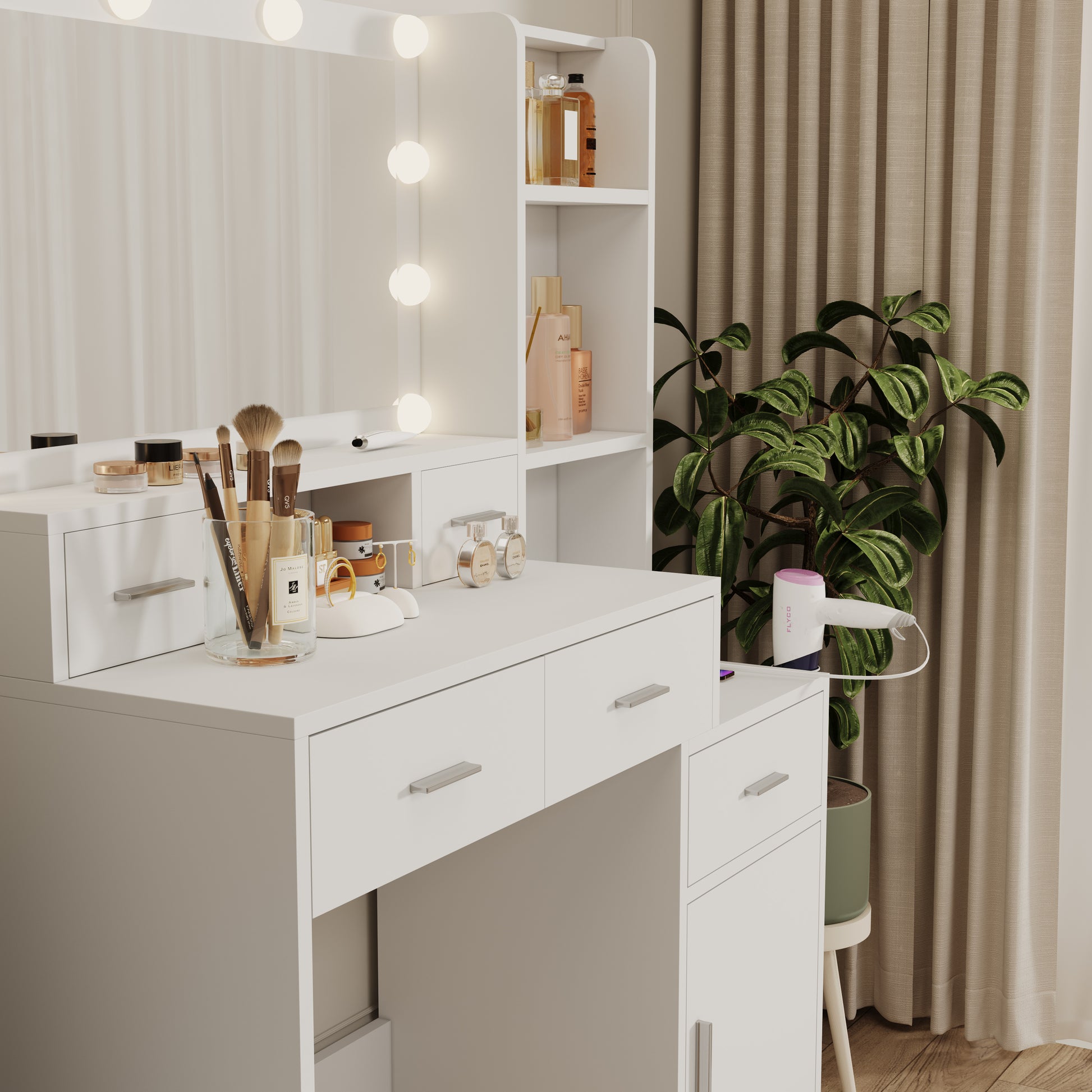 White Dressing Table With Led 3 Color Illuminated Mirror And Power Outlet, Dressing Table With Drawers, Storage Box And Shelf, Dressing Table With Bedroom Cushioned Stool White 5 Drawers & Above