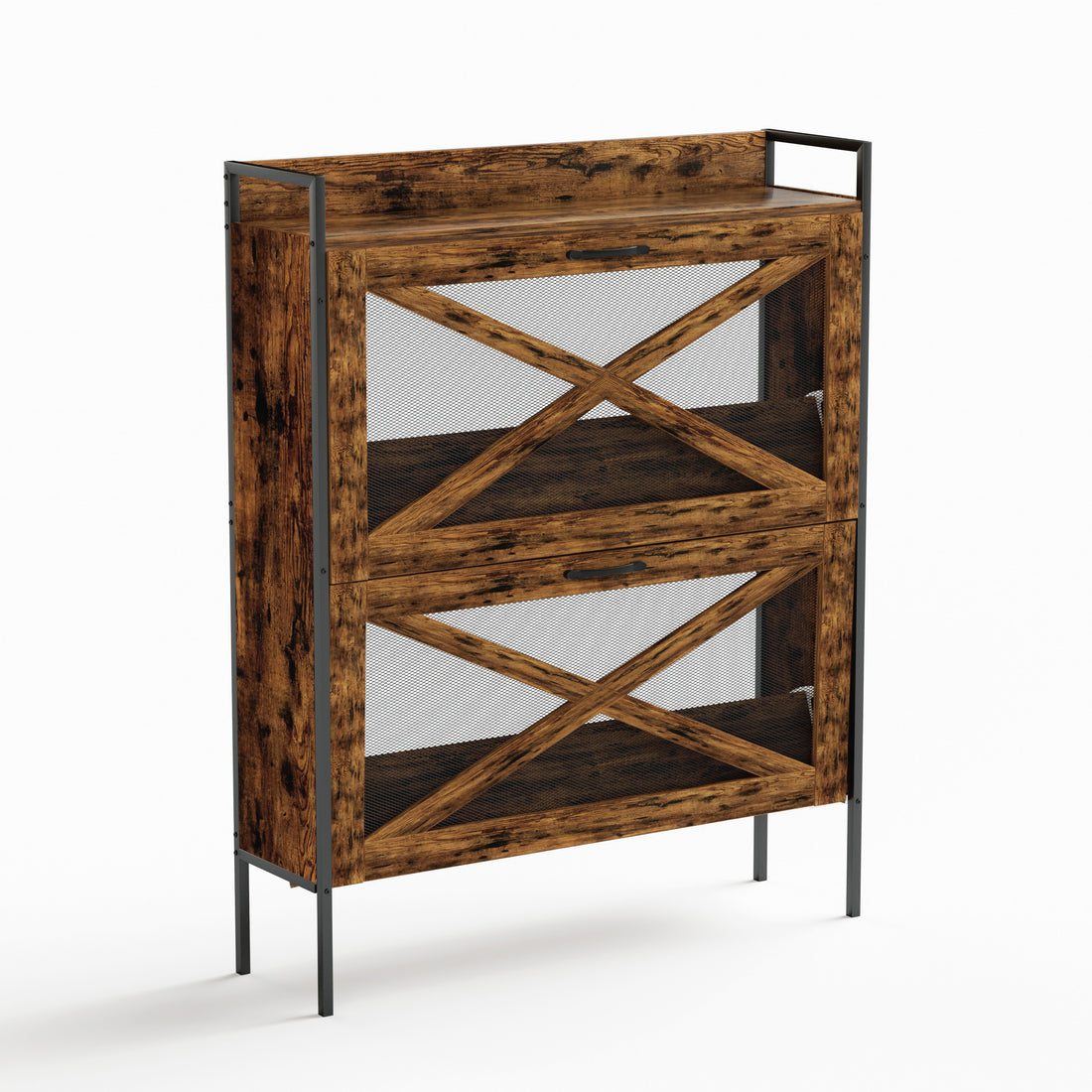 A Shoe Cabinet With 2 Flip Top Drawers, An Entryway Shoe Cabinet, A Narrow Standalone Shoe Rack Cabinet With Metal Legs, Rustic Brown,31.5'' W X 8.5'' D X 39.5'' H. Rustic Brown Particle Board