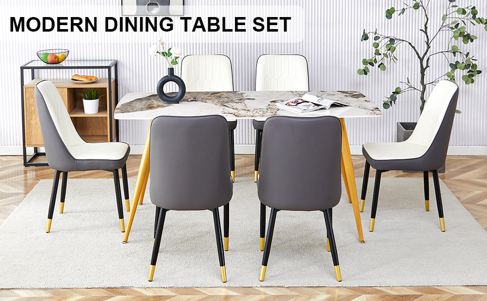 Table And Chair Set.Modern Minimalist Dining Table. White Imitation Marble Pattern Sintered Stone Desktop With Golden Metal Legs.Paried With 6 Comfortable Chairs With Pu Seats And Black Metal Legs.