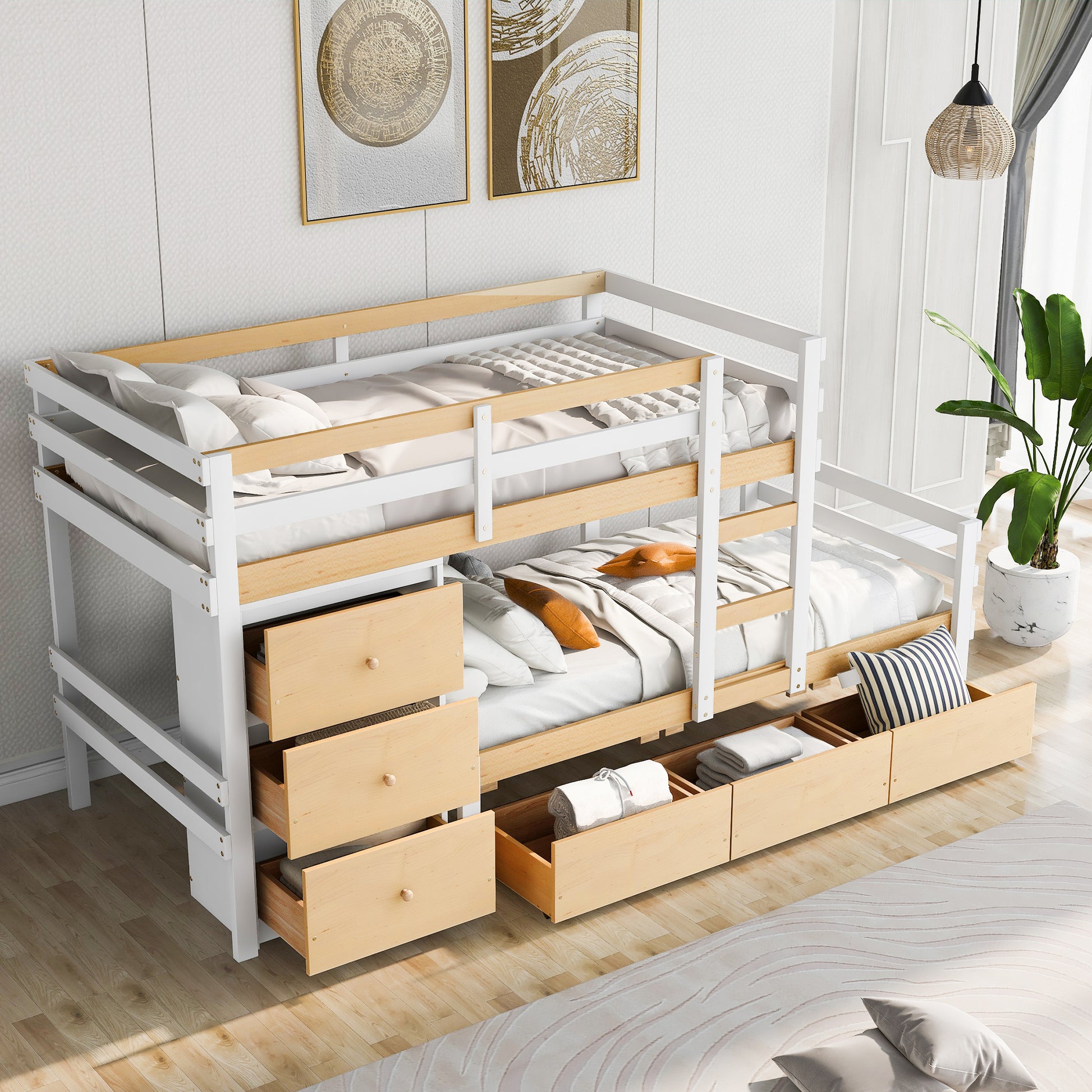 Twin Over Twin Loft Bunk Bed With Drawers And Ladder, Natural Twin Natural Pine