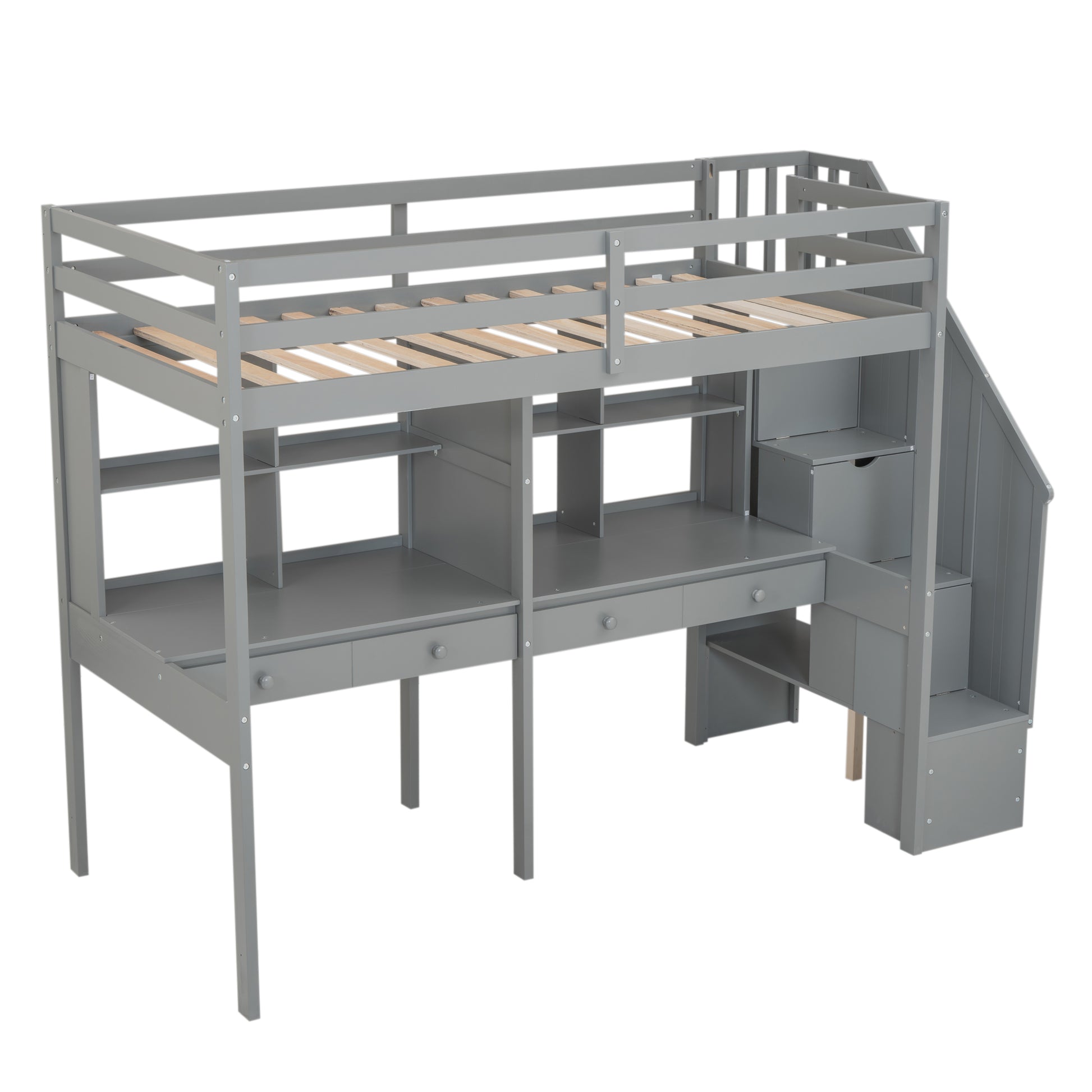 Twin Size Loft Bed Frame With Storage Staircase And Double Desks And Shelves,Gray Twin Gray Solid Wood Mdf