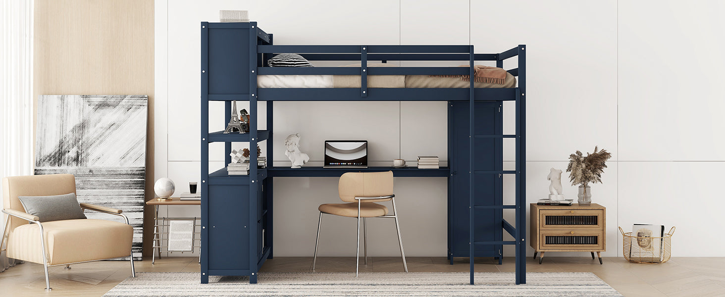 Wood Loft Bed With Cabinet And Bookshelf, Full Size Loft With Wardrobe And Desk For Kids,Dark Blue Expect Arrival Date 2024 8 25 Full Dark Blue Pine