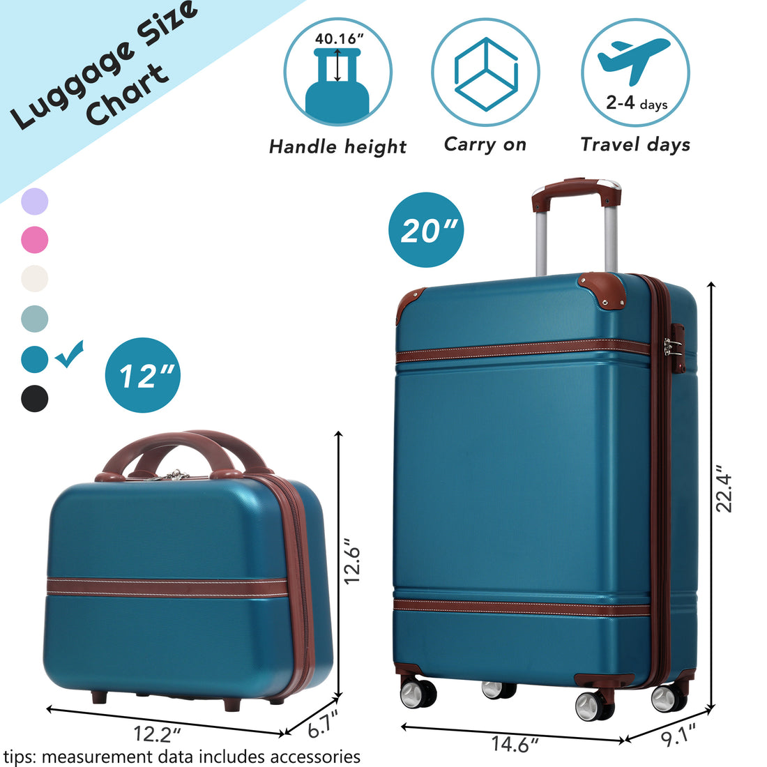 20 In Hardside Luggage With Cosmetic Case2 Piece Lightweight Suitcase Set With Spinner Wheels, Carry On Vintage Luggage,Blue Blue Abs