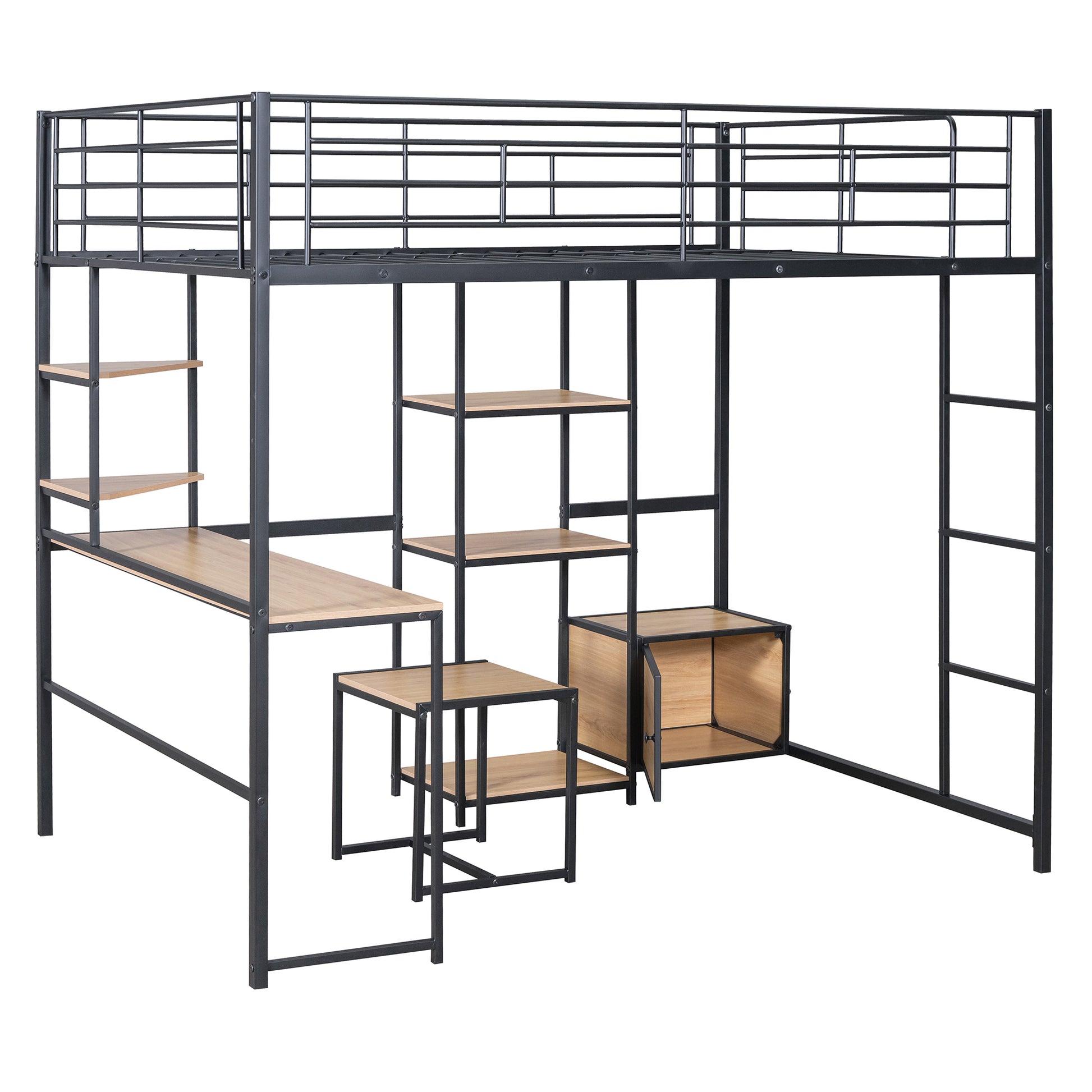 Full Size Loft Bed With Desk And Stool, Metal Loft Bed With Open Style Wardrobe, Shelves And Cabinet, Black Full Black Metal & Wood