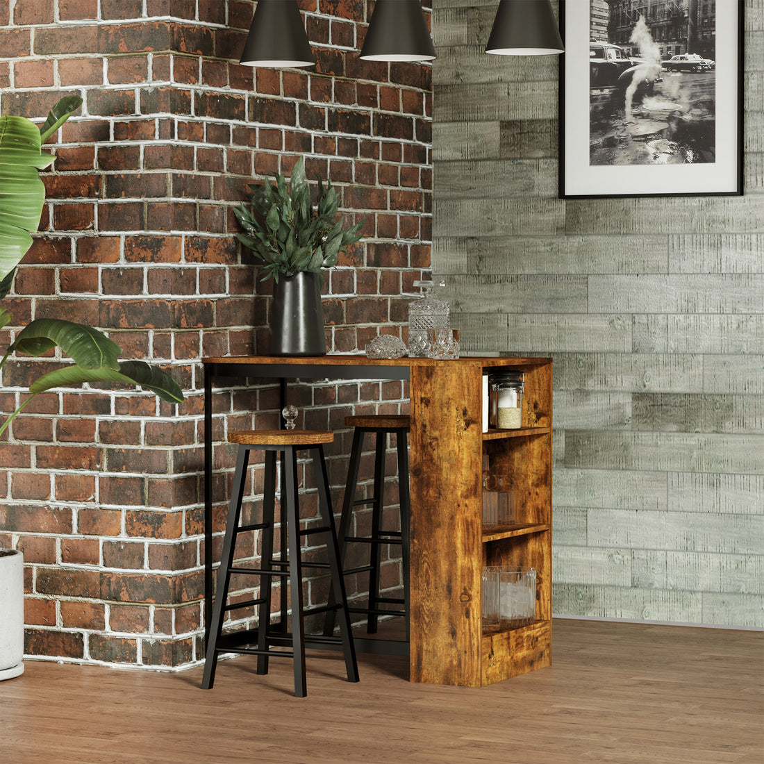Homcom 3 Piece Industrial Dining Table Set, Counter Height Bar Table & Stools Set With Storage Shelf, Rustic Brown Rustic Brown Particle Board