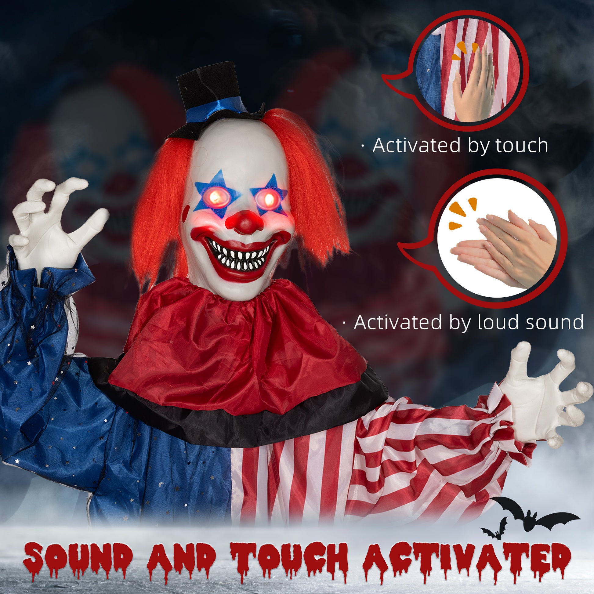 Homcom 6' Life Size Halloween Hanging Clown Decoration, Scary Animatronic Talking Clown With Light Up Eyes And Creepy Sound For Indoor Or Covered Outdoor Porch, Battery Operated Halloween Prop Multicolor Polyester