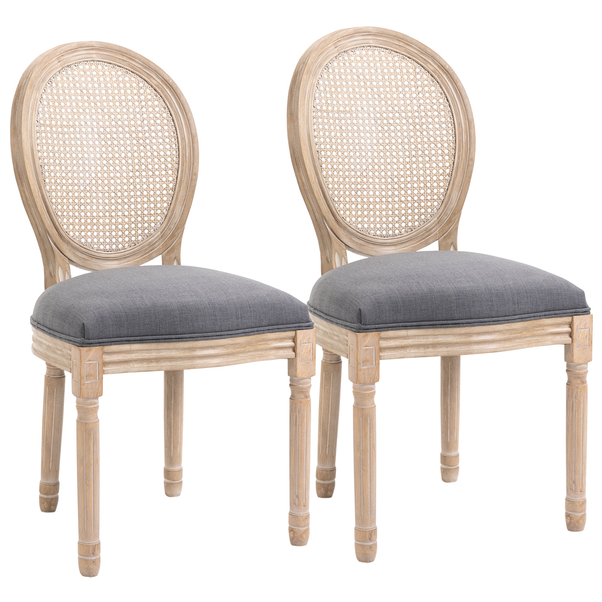 Homcom French Style Upholstered Dining Chair Set, Armless Accent Side Chairs With Rattan Backrest And Linen Touch Upholstery, Set Of 2, Gray Grey Wood