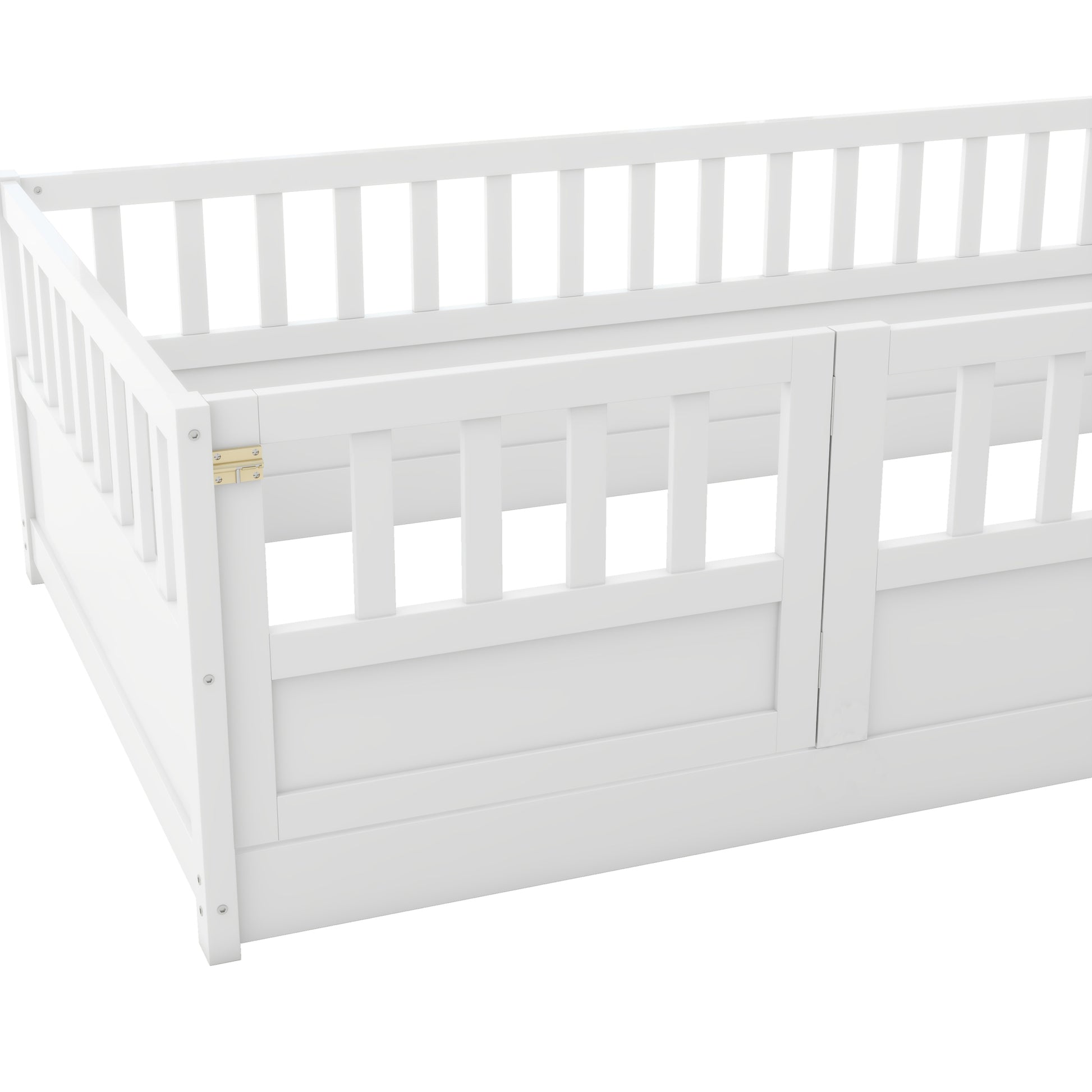 Twin Size Floor Bed, Integral Construction With Super High Security Barrier, Door, Children'S Floor Bed Frame, Montessori Wooden Children'S Floor Bed, White Box Spring Required Twin White Wood Brown Bedroom American Design,Artsy Pine Bed Frame Pine