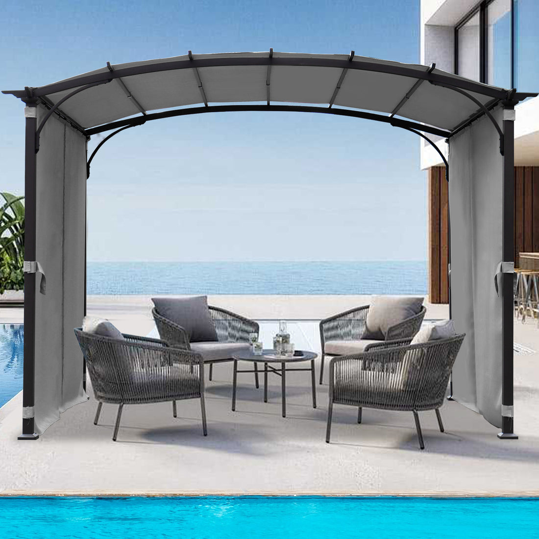 Patio Pergola 9 X 11Ft Arched Gazebo With Waterproof Sun Shade Shelter Awning Steel Frame Grape Gazebo For Garden Backyard Grey Gray Steel