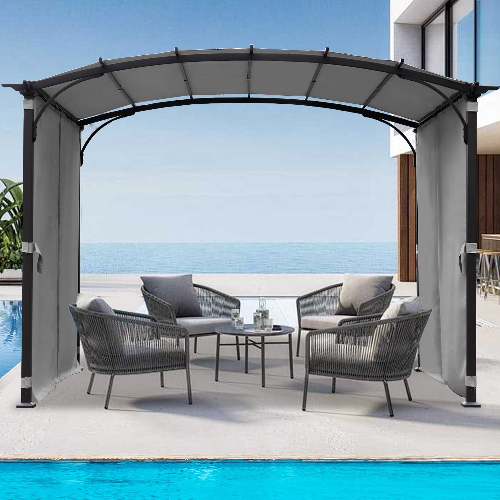 Patio Pergola 9 X 11Ft Arched Gazebo With Waterproof Sun Shade Shelter Awning Steel Frame Grape Gazebo For Garden Backyard Grey Gray Steel