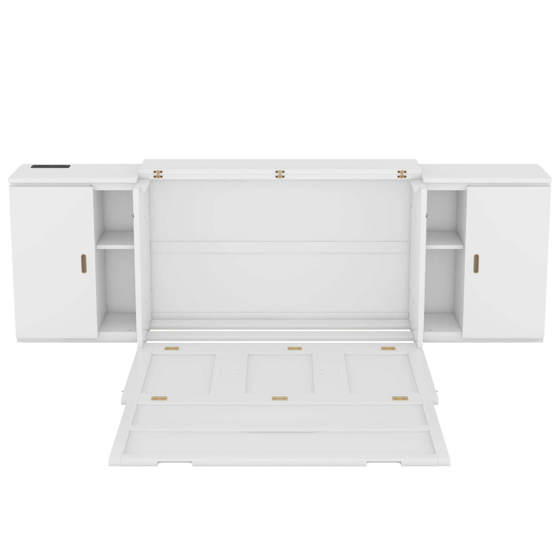 Full Size Murphy Bed With Shelves, Cabinets And Usb Ports,White White Mdf Lvl