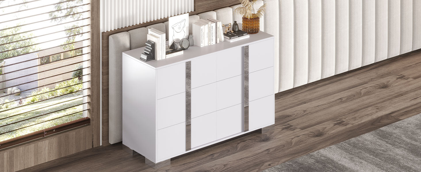 Elegant Modern Dresser With Metal Handle,Mirrored Storage Cabinet With 6 Drawers For Bedroom,Living Room,White White Mdf Metal