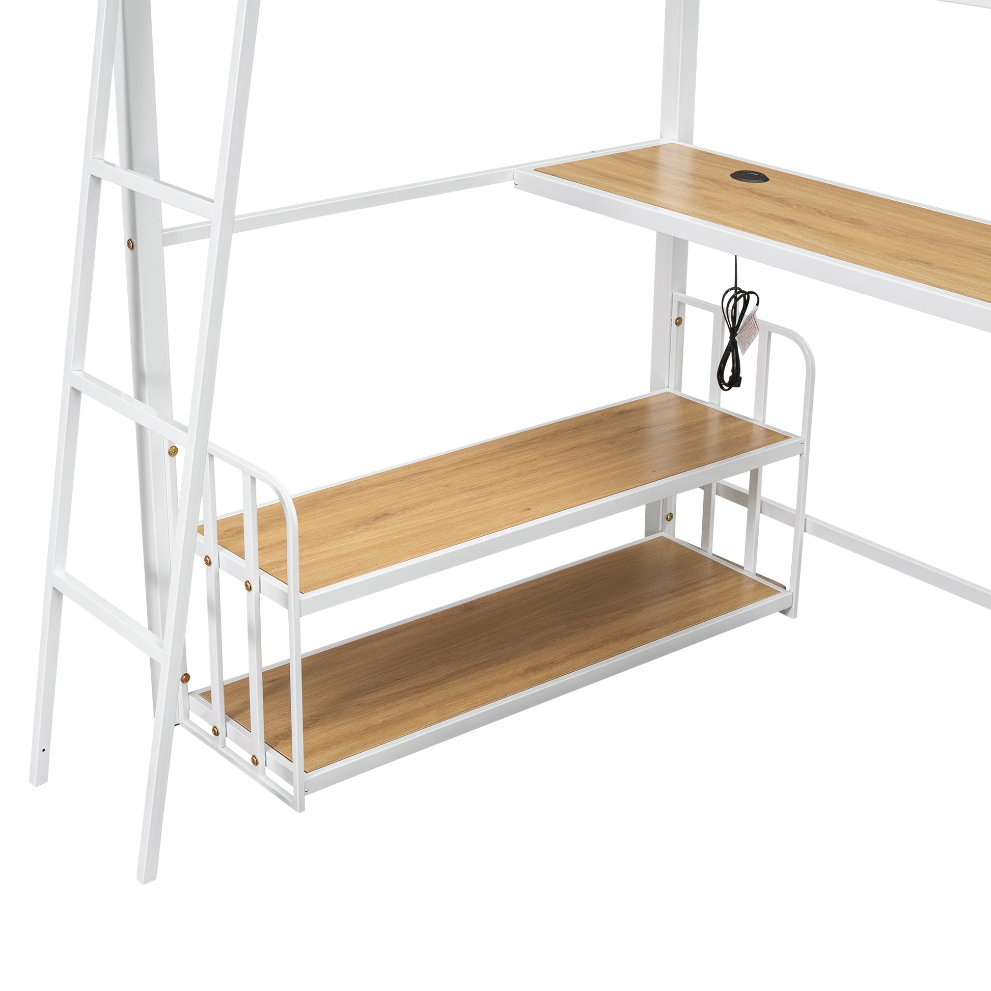 Twin Size Metal Loft Bed With Desk, Storage Shelves And Charging Station, White Box Spring Not Required Twin White Metal Mdf Metal