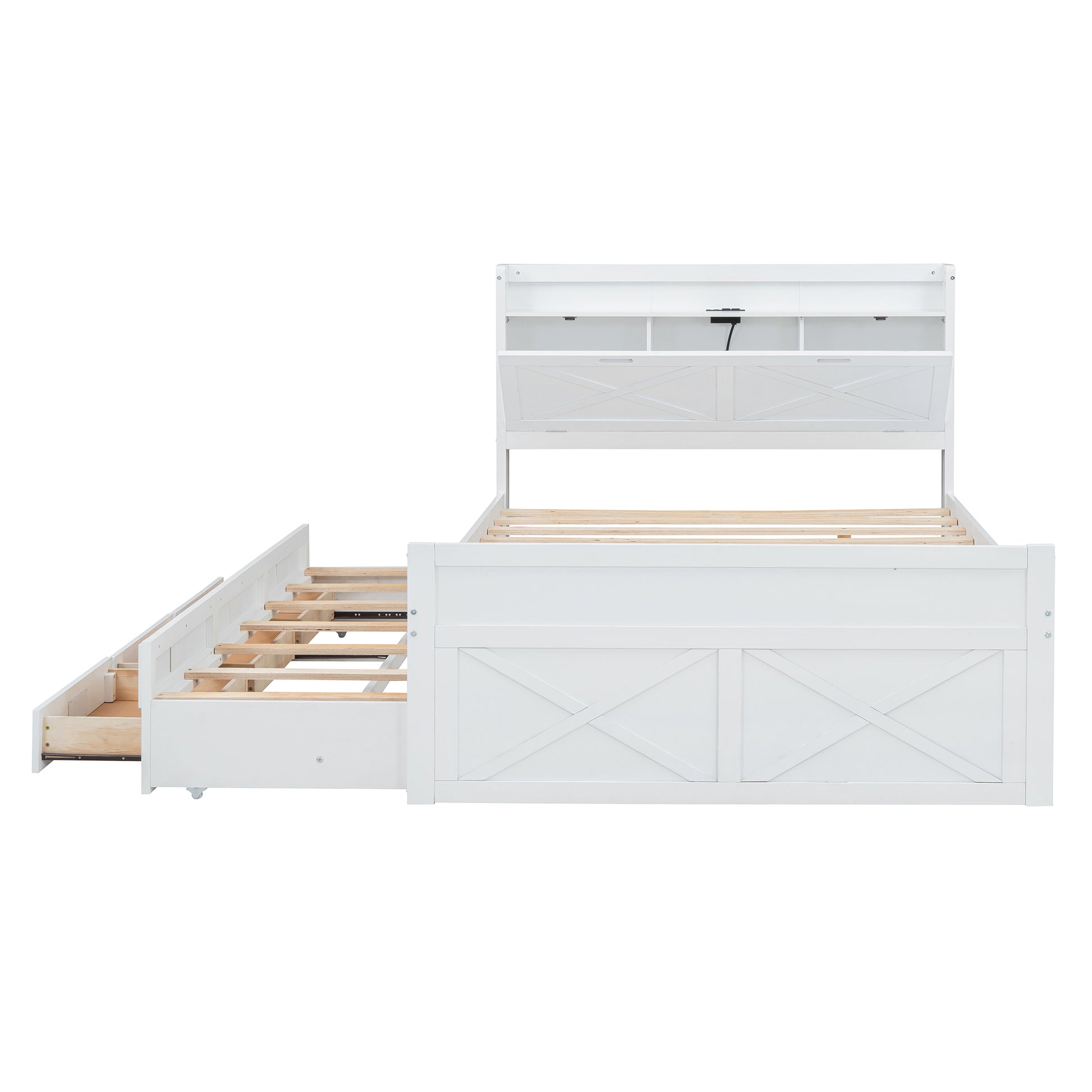 Full Size Wooden Bed With Storage Headboard With Outlets, Extendable Bed With Twin Size Trundle With Three Storage Drawers,White Expected Arrival Time:8.23 Full White Wood