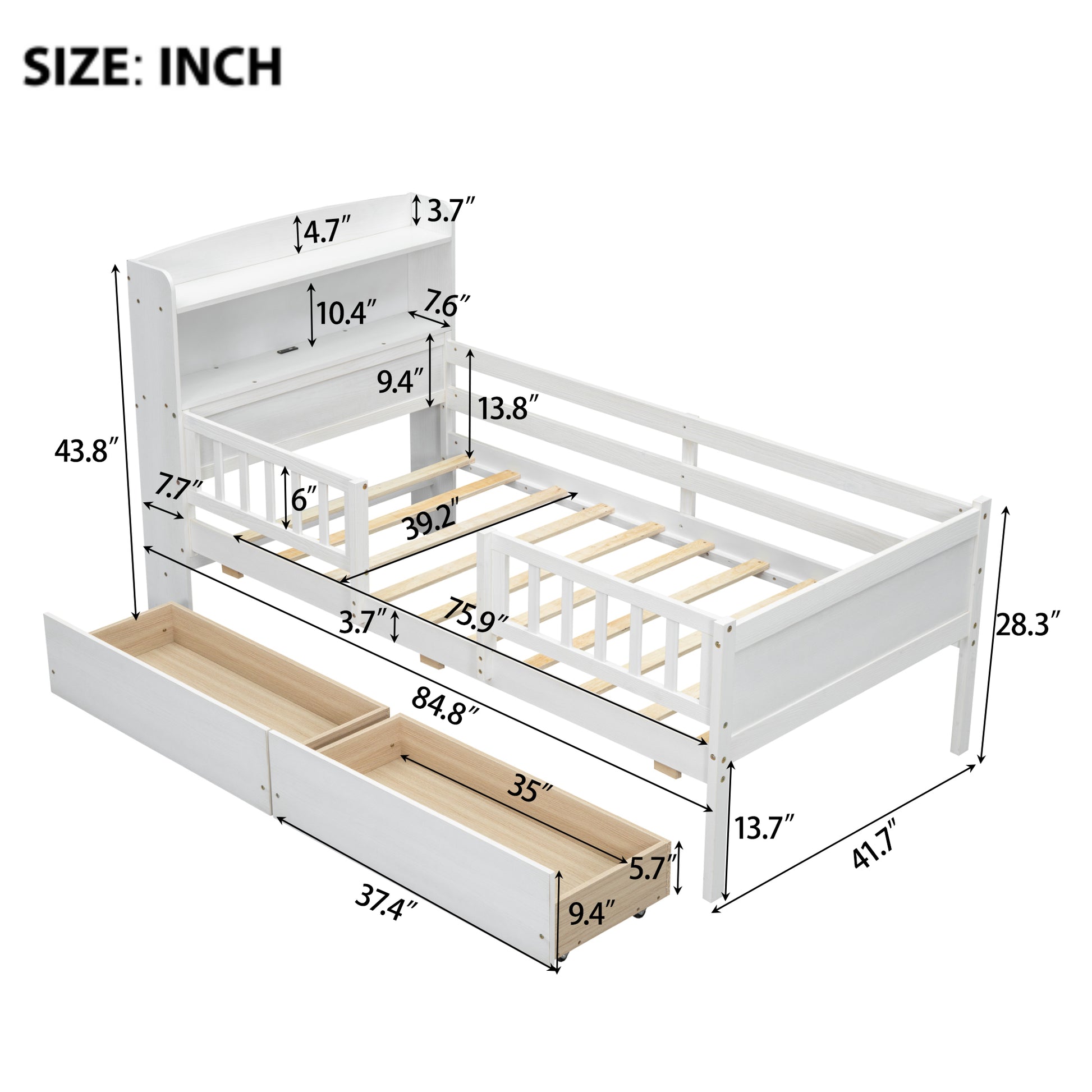 Wood Twin Size Platform Bed With Built In Led Light, Multi Functional Headboard, Guardrail And 2 Drawers, White Expected Arrival Time: 3.15 Box Spring Not Required Twin White Wood Bedroom Bed Frame