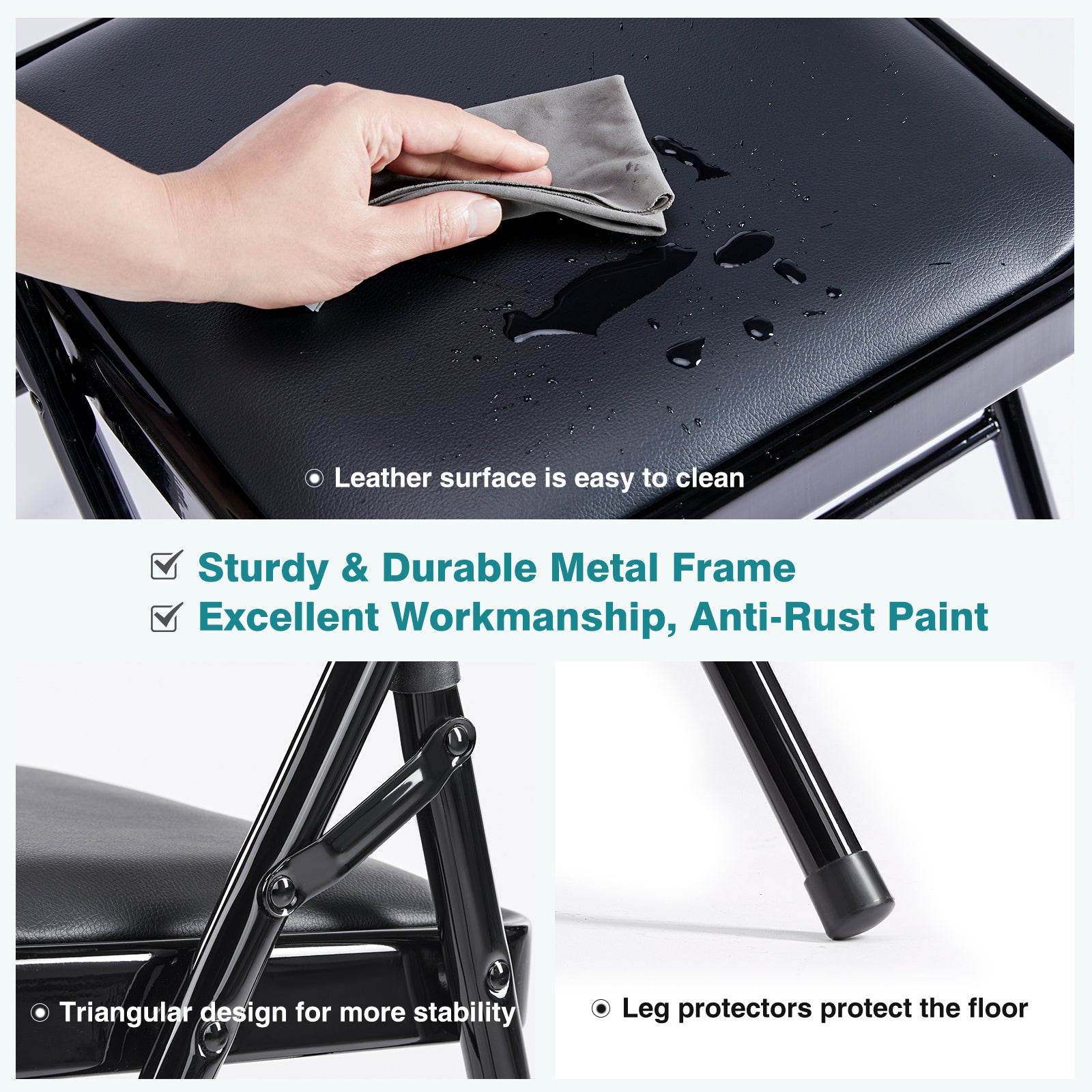 Folding Chair 2 Pack, Leather Padded Folding Chairs, Sturdy Metal Foldable Chairs, For Home, Office, Party, Black 2 Pack Black Stainless Steel