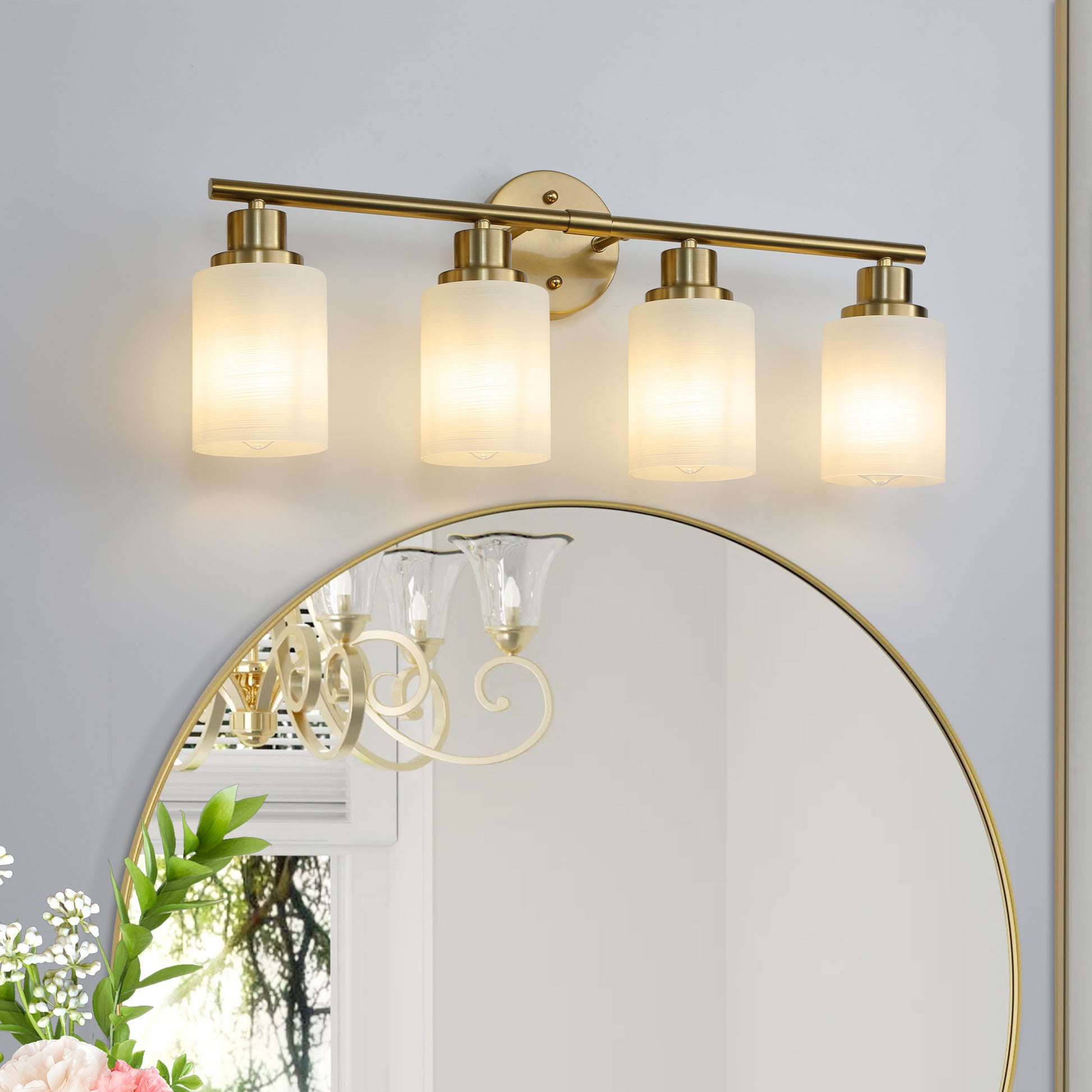 4 Light Golden Bathroom Vanity Light Fixture, Frosted Glass Shades, Modern Wall Mounted Lighting No Bulbs Golden Glass Iron