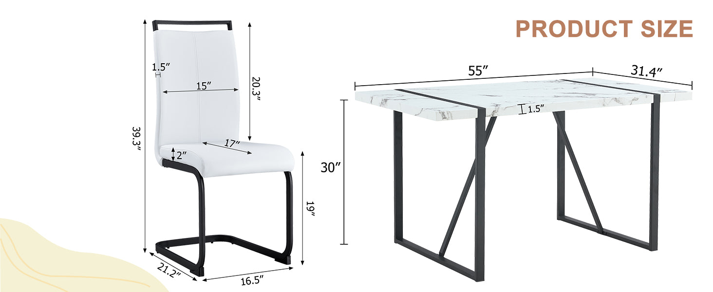 Table And Chair Set.A Modern Minimalist White Marble Veined Mdf Dining Table With Black Metal Frame.Paried With 4 Chairs With White Pu Cushions And C Tube Black Metal Legs. White Seats 4 Mdf Metal