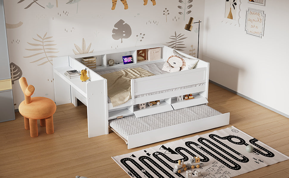 Multi Functional Twin Daybed With Drawers And Trundle, Headboard Storage And Tables, Usb Charging Station, White Box Spring Not Required Twin White Wood Daybeds Pine