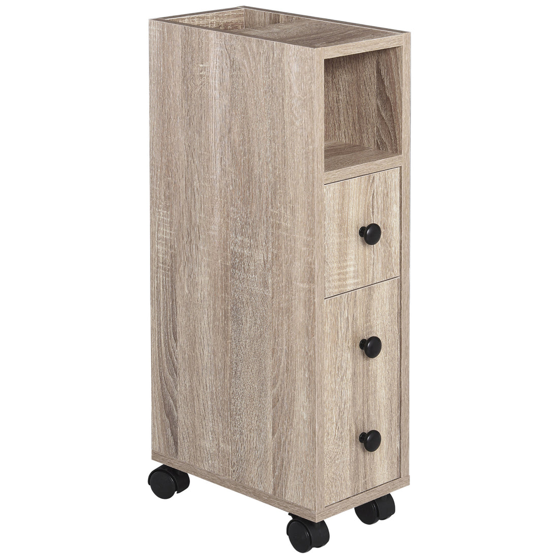 Kleankin Freestanding Compact Design Bathroom Cabinet With 2 Open Cabinets, 1 Door Cabinet, 1 Drawer And 4 Rolling Wheels, Oak Grain Color Oak Particle Board