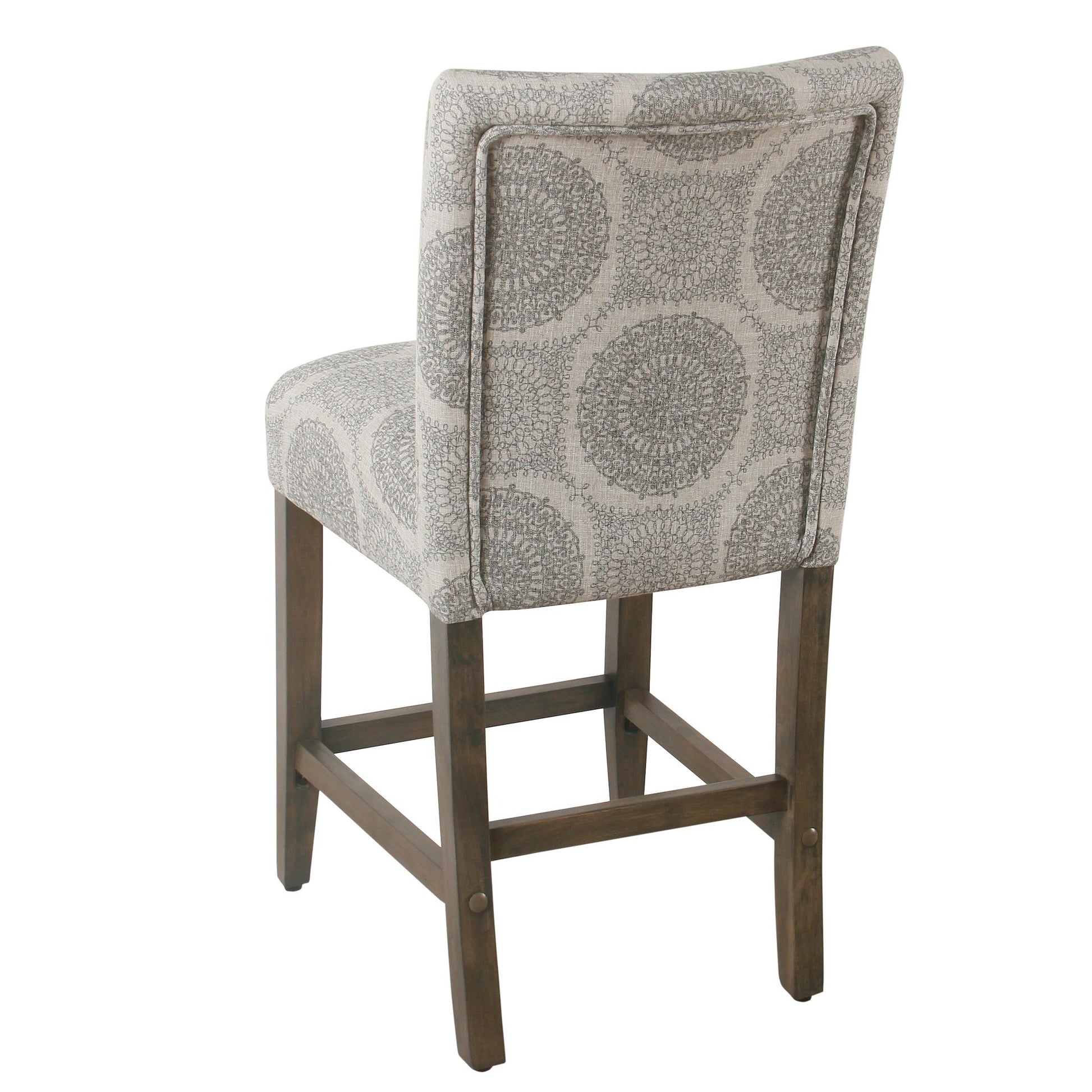 Wooden Counter Height Stool With Medallion Pattern Fabric Upholstery, Gray Gray Wood Fabric