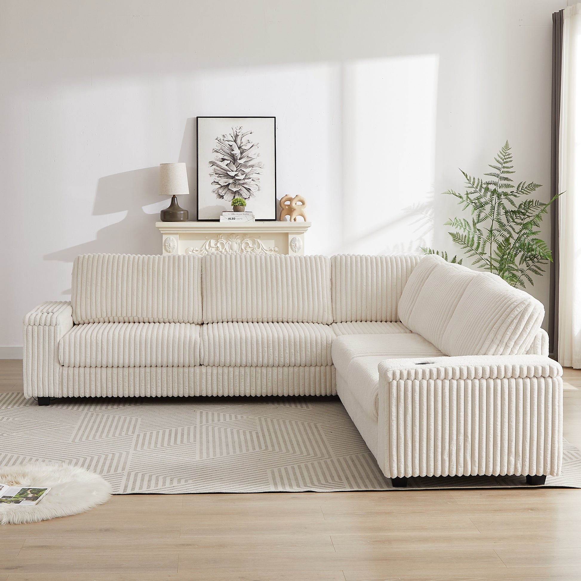 110 Inch Oversized Corduroy Corner Sofa,L Shaped Corner Couch With Two Storage Spaces,Usb Port & T Pyce Port And Cup Holderdeep Seat Comfy Upholstered Couches For Living Room Not Freely Combinable Beige Corduroy 5 Seat