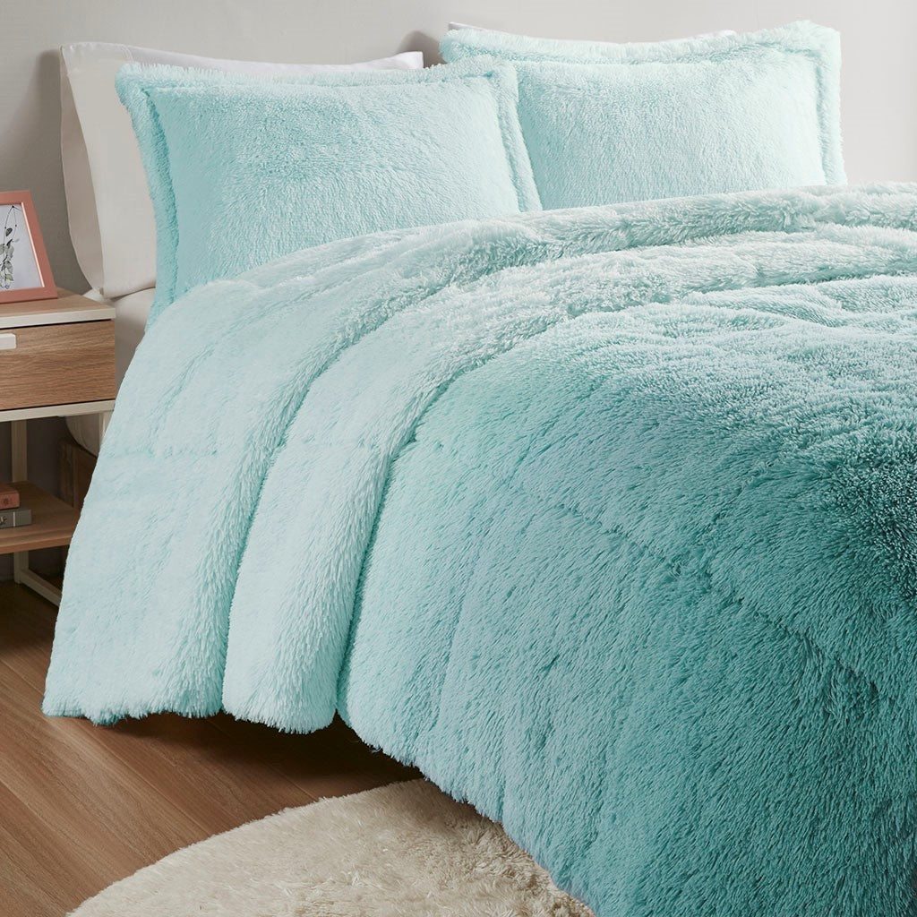 Ombre Shaggy Long Fur Comforter Mini Set Twin Aqua Polyester