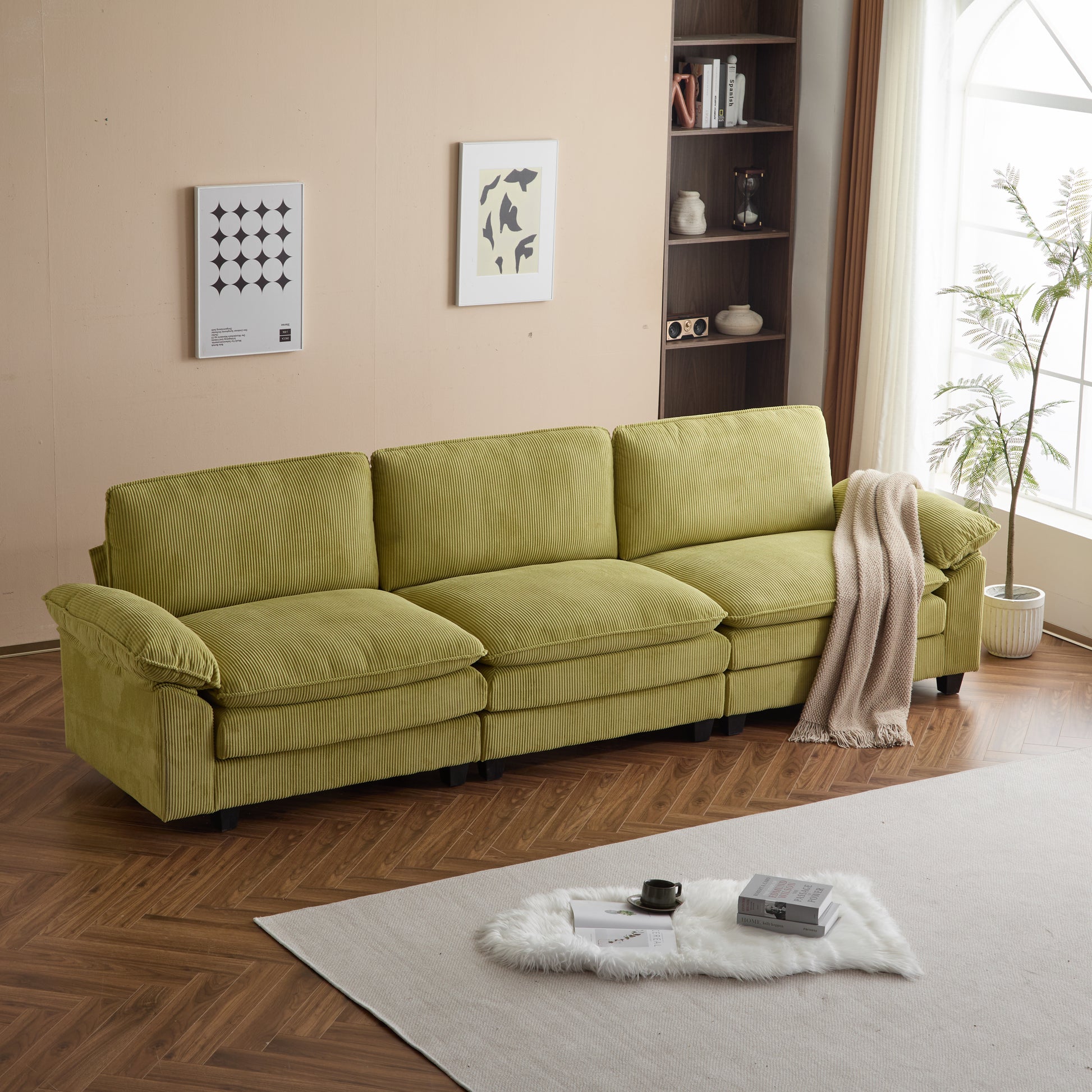 Modular Sectional Sofa With Movable Ottoman,L Shaped Corduroy Fabric Couch With High Supportive & Soft Sponges And Removable Ottoman, Sleeper Comfy Upholstered Furniture For Living Room,Green Green