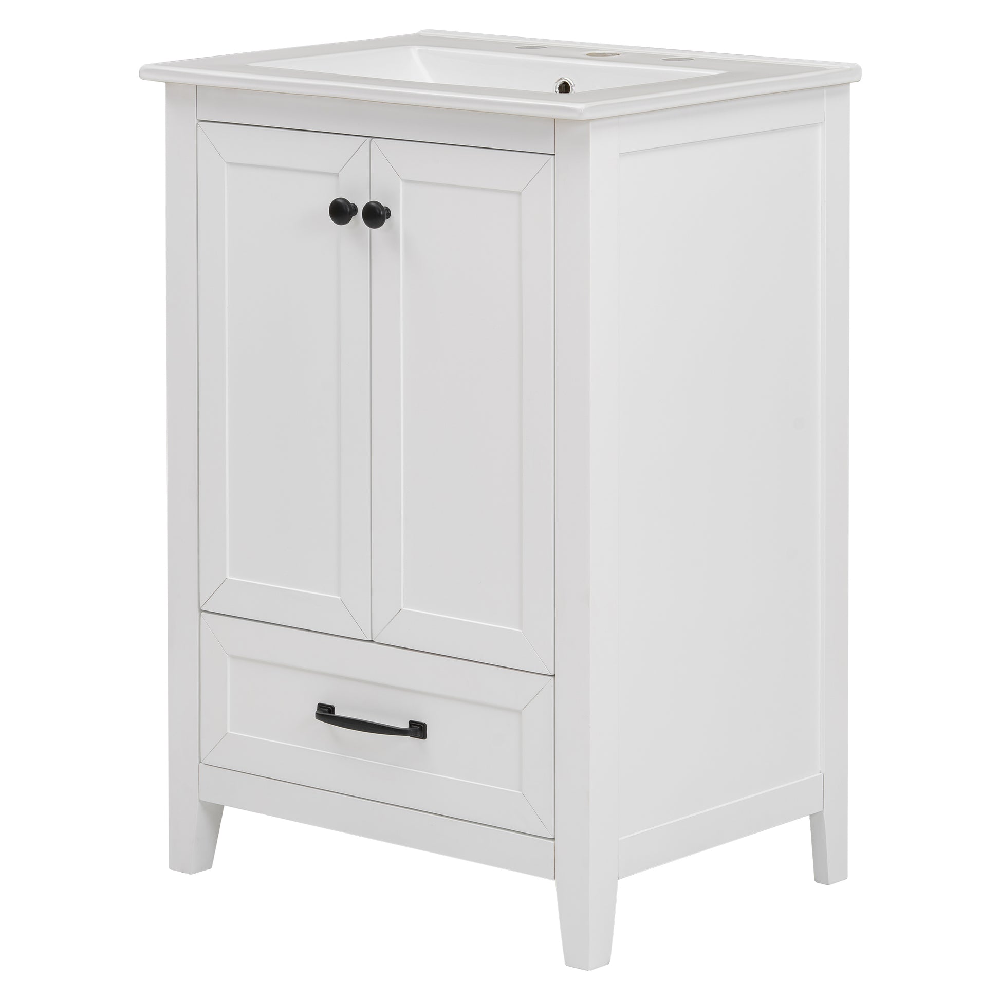 24" Bathroom Vanity With Sink, Bathroom Vanity Cabinet With One Drawer And Doors, Solid Wood And Mdf, White White Solid Wood Mdf