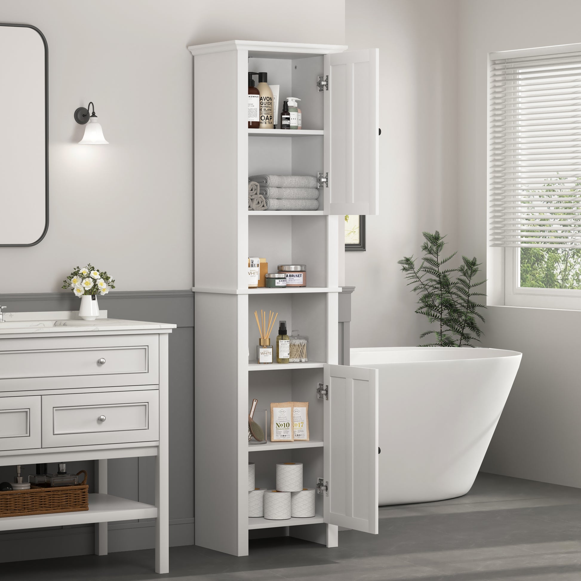 Bathroom Floor Storage Cabinet With 2 Doors Living Room Wooden Cabinet With 6 Shelves 15.75 X 11.81 X 66.93 Inch White Mdf