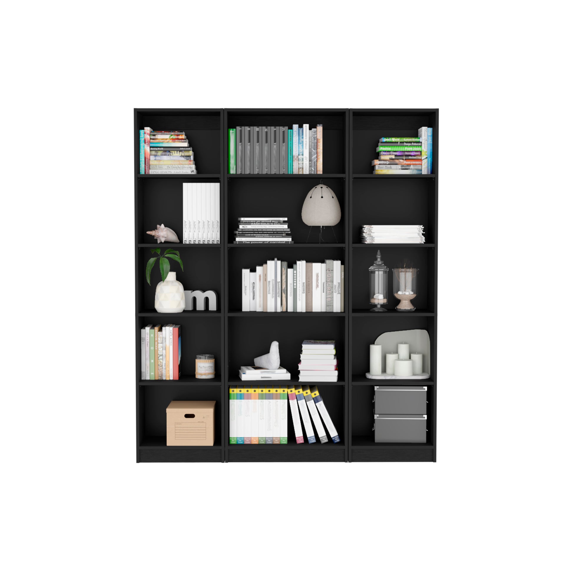 Bartow 3 Piece Home Bookcase Set, 60" Wide With 15 Shelvesliving Room Set Set Black Black Office Modern Particle Board