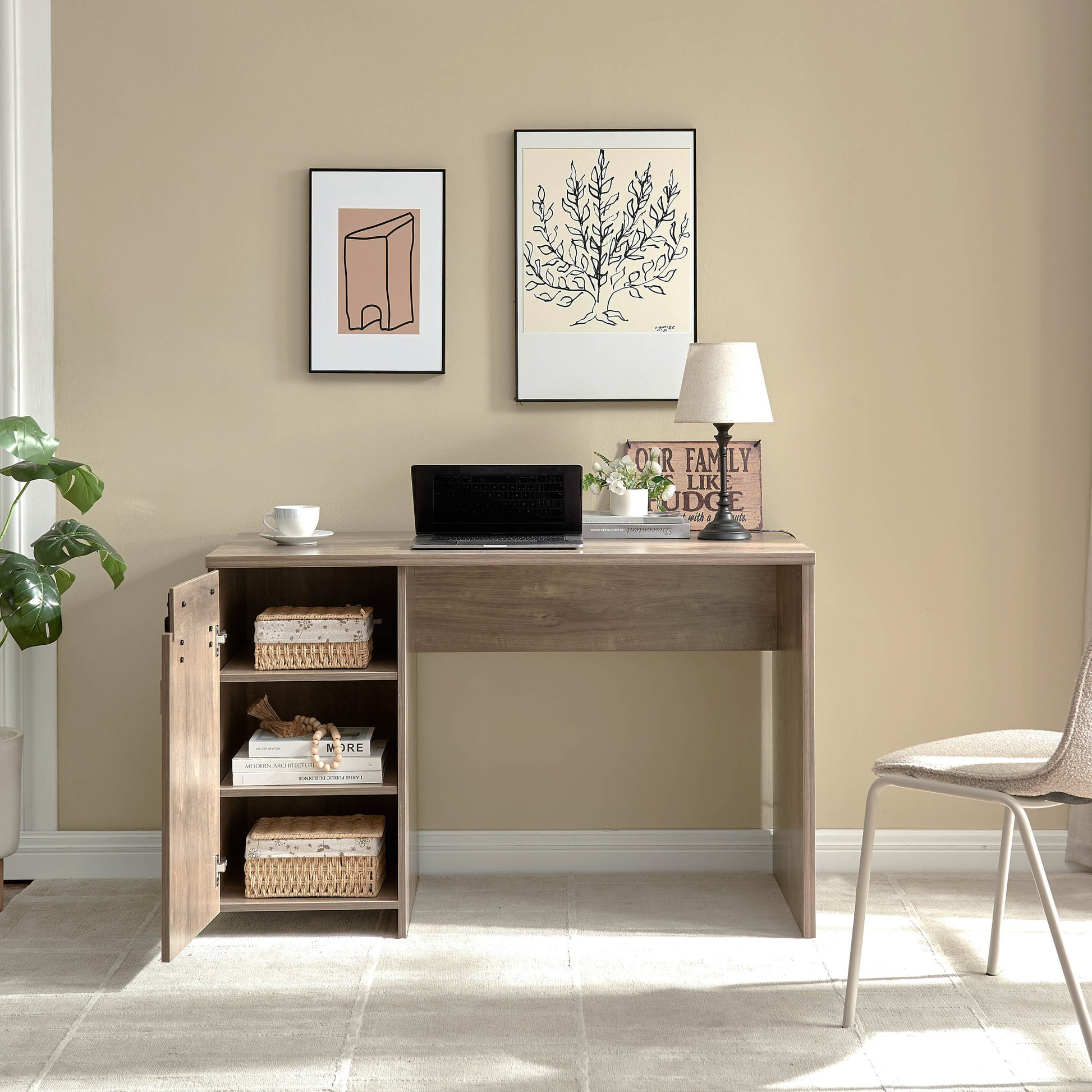 92205 Home Office Desk Hazelnut One Cabinet Three Shelves Faux Barn Door On Metal Euro Hinges Modesty Panel Light Brown Particle Board Mdf