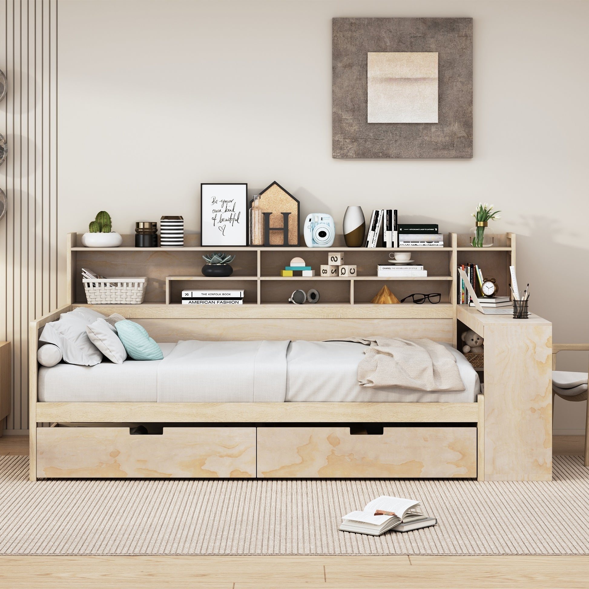 Wooden Full Size Daybed With Storage Shelves, Multi Functional Bed With Two Storage Drawers And Study Desk, Natural Full Natural Wood