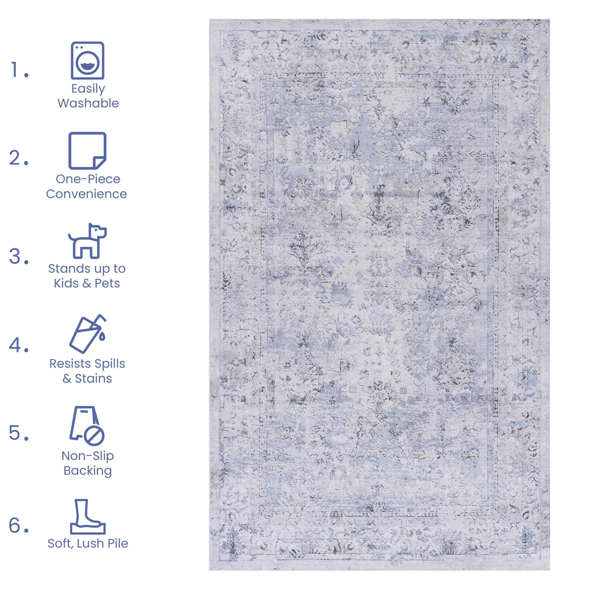 Area Rug 4X6, Washable Rug, Low Pile, Non Slip, Non Shedding, Foldable, Kid & Pet Friendly Area Rugs For Living Room, Bedroom, Kitchen, Dining Room Rug Perfect Gifts, Blue Cream, 4' X 6' Blue Cream Chenille Polyester