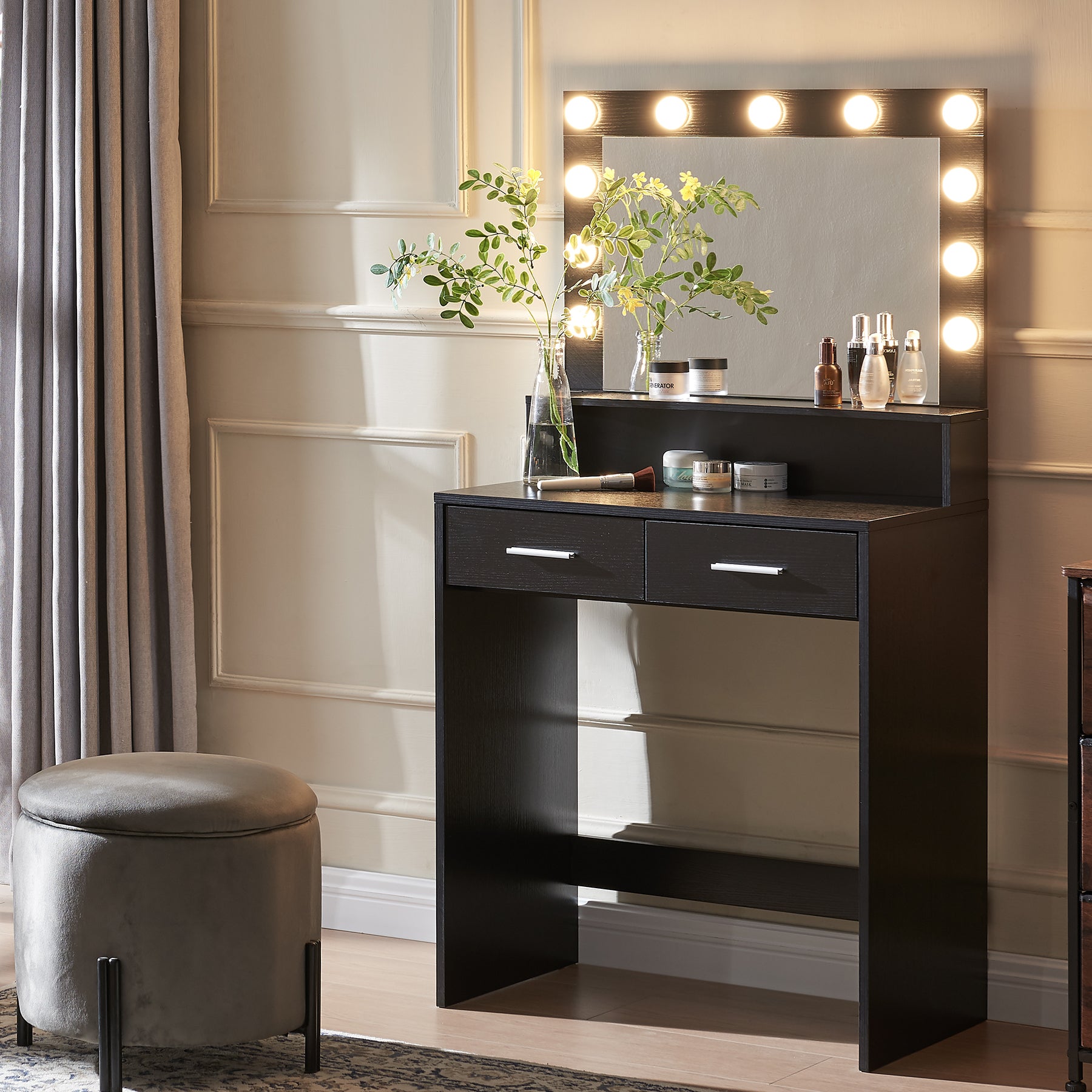 Vanity Desk With Mirror And Lights, Dressing Table With Large Drawer, 2 Level Storage Dresser & 3 Lighting Modes Adjustable Brightness, Suitable For Bedroom Black Black Particle Board