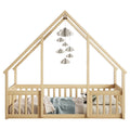 Full Wood House Shaped Floor Bed With Fence, Guardrails,Natural Full Natural American Design Pine