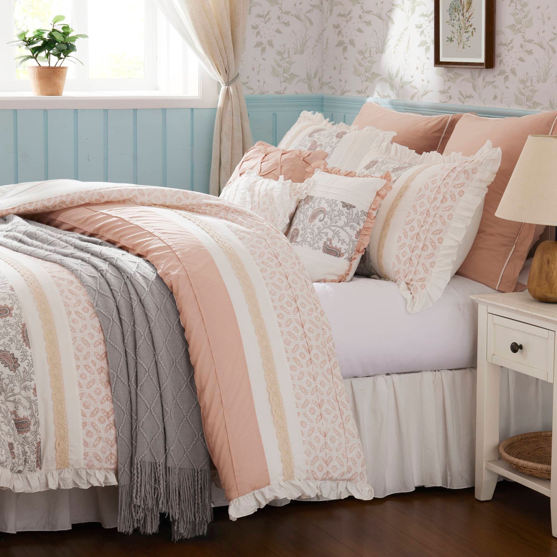 9 Piece Cotton Percale Comforter Set Blush King King Blush Polyester
