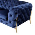 Reno Joni 97 Inch Modern Sofa, Chesterfield, Velour Fabric, Blue, Gold Blue Fabric Metal 3 Seat