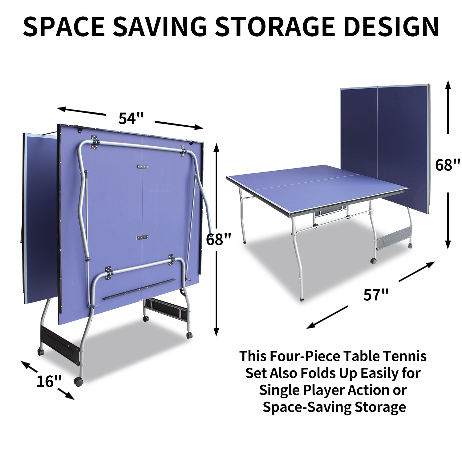 8Ft Mid Size Table Tennis Table Foldable & Portable Ping Pong Table Set For Indoor & Outdoor Games With Net, 2 Table Tennis Paddles And 3 Balls Blue Mdf