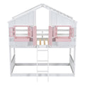 Twin Over Twin House Bunk Bed With Roofwindow, Window Box, Doorwith Safety Guardrails And Ladder, Pink White Twin Pink White Pine