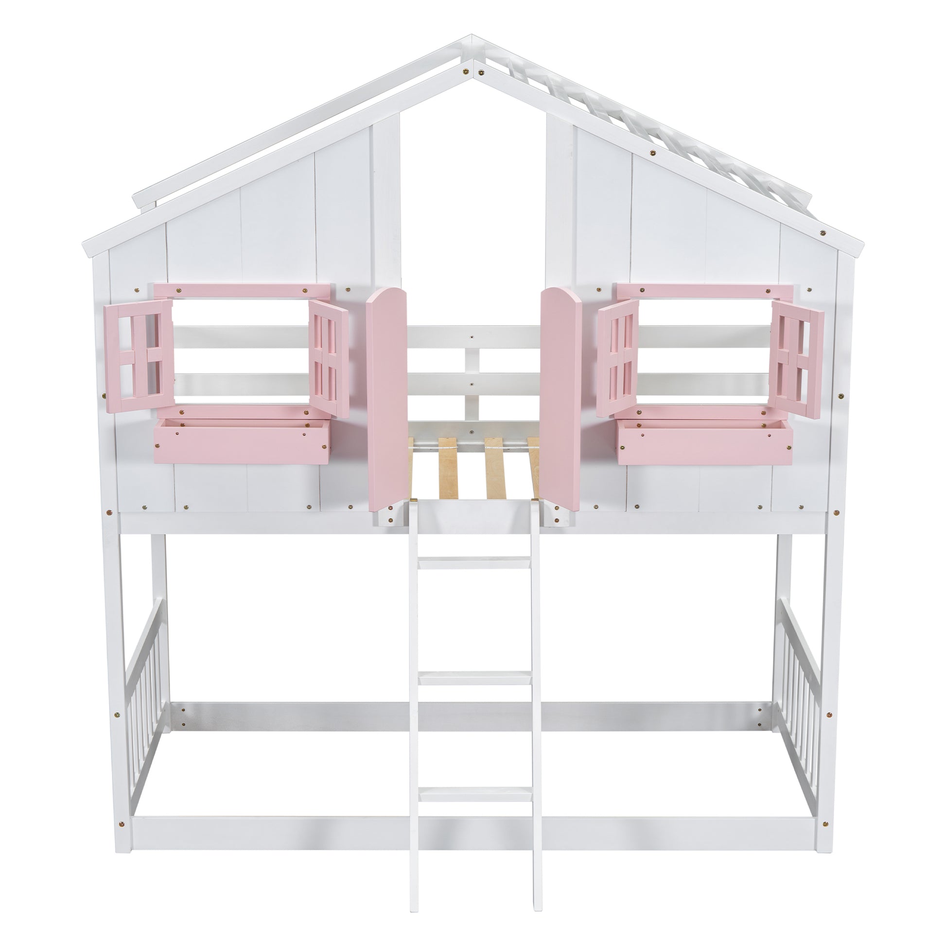 Twin Over Twin House Bunk Bed With Roofwindow, Window Box, Doorwith Safety Guardrails And Ladder, Pink White Twin Pink White Pine