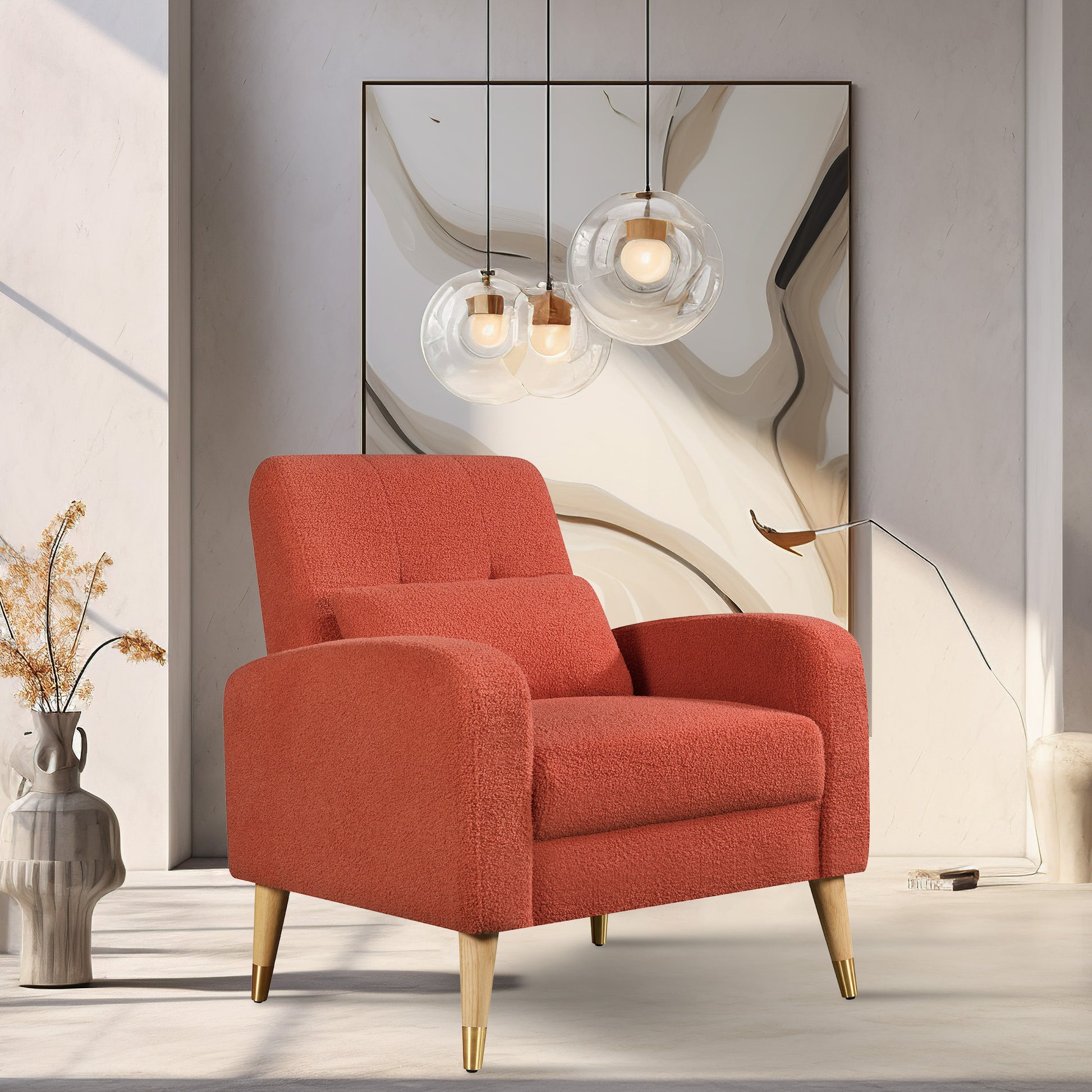Mid Century Modern Accent Chair, Upholstered Armchair Living Room Chair, Comfy Single Sofa Chair With Metal Legs, Polyester Fabric Chair For Living Room Bedroom Red Sherpa