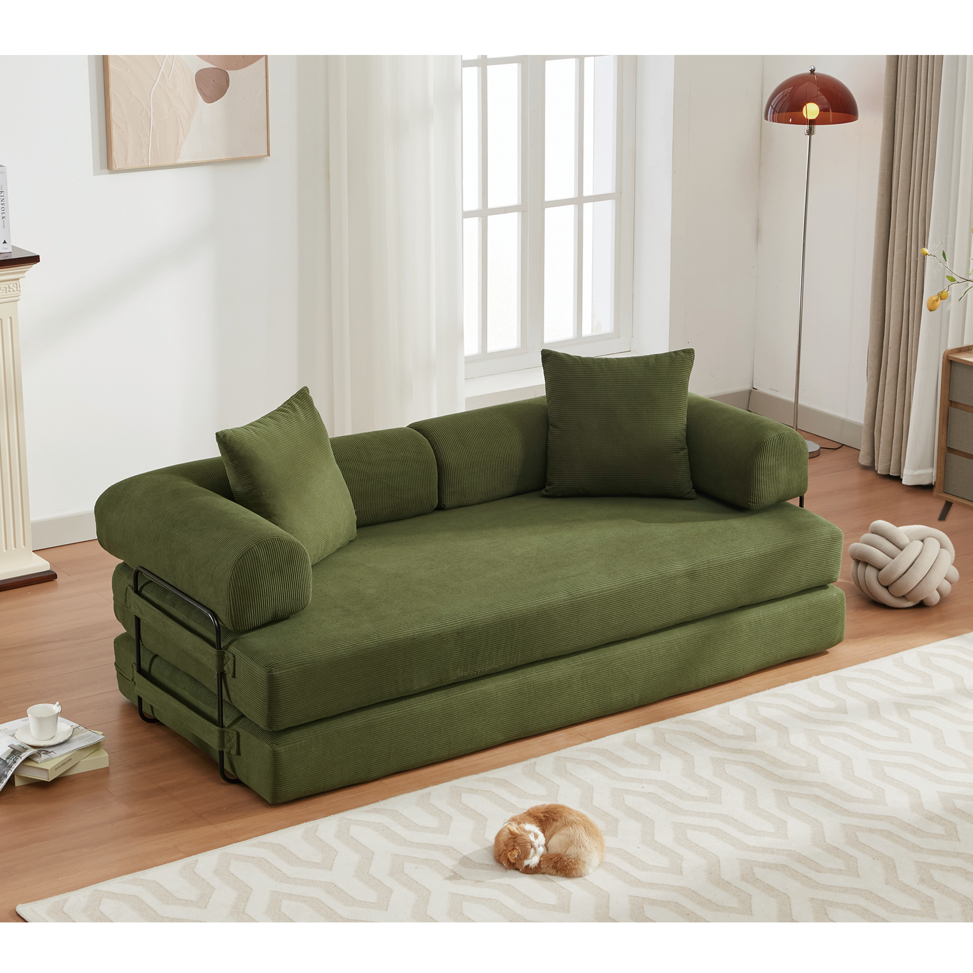 Arrived 78.5" Folding Convertible Out Sleeper Sofa Bed,4 In 1 Diy Combination Convertible Sofa, 3 Seat, Folding Sleeper Sofa, King Sizebedroom,Apartment,Corduroy,Green Green Polyester Primary Living