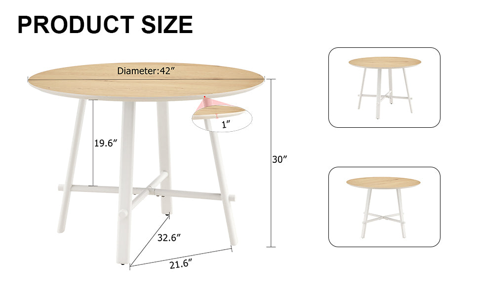 A Modern And Minimalist Circular Dining Table With A 42 Inch Diameter Wood Colorer Patterned Tabletop And White Metal Legs. Suitable For Restaurants, Living Rooms, And Conference Rooms. Brown White Mdf Metal